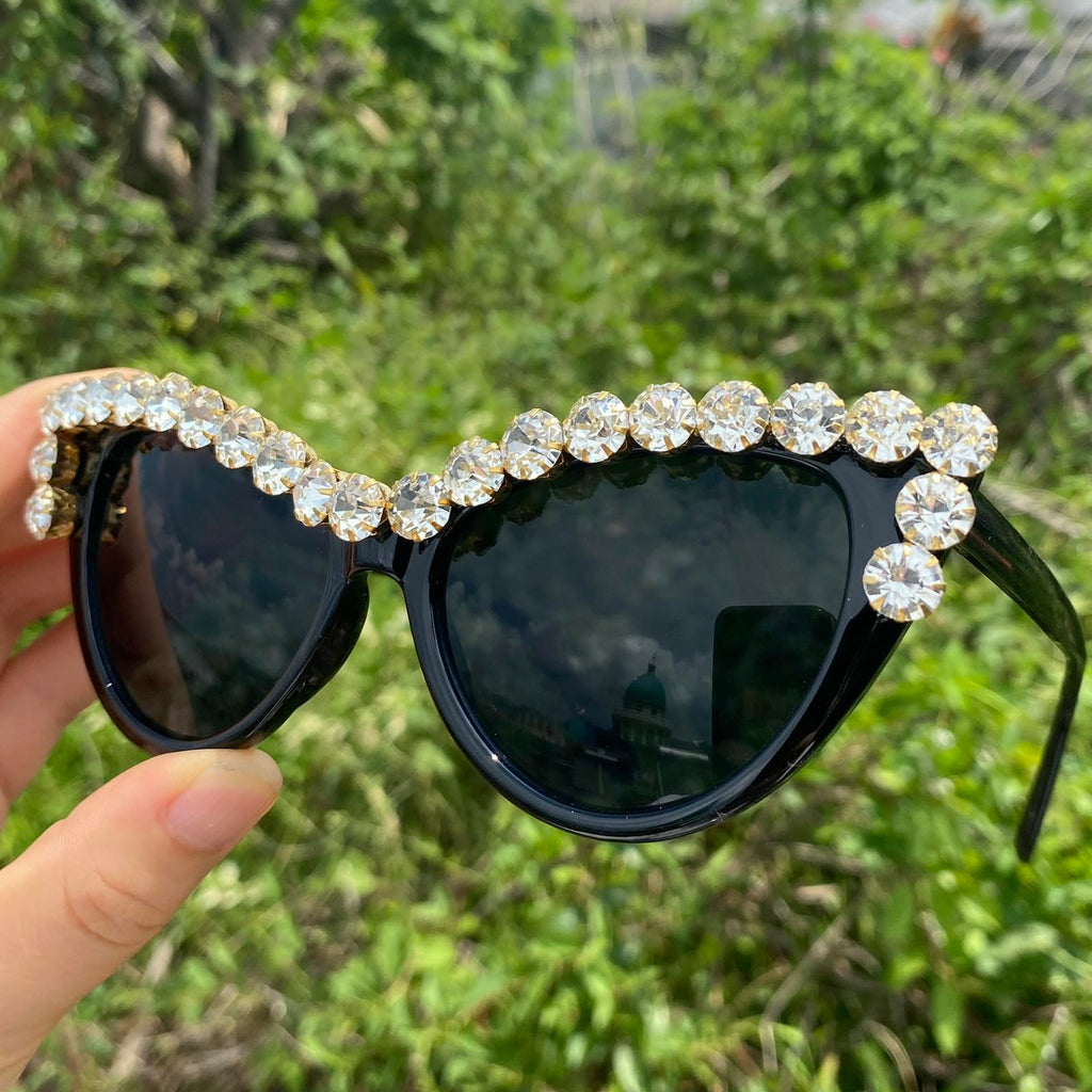 Coquette Bling Sunglasses Crystal Rhinestone Shades Retro Half Rim Women Cat Eyewear