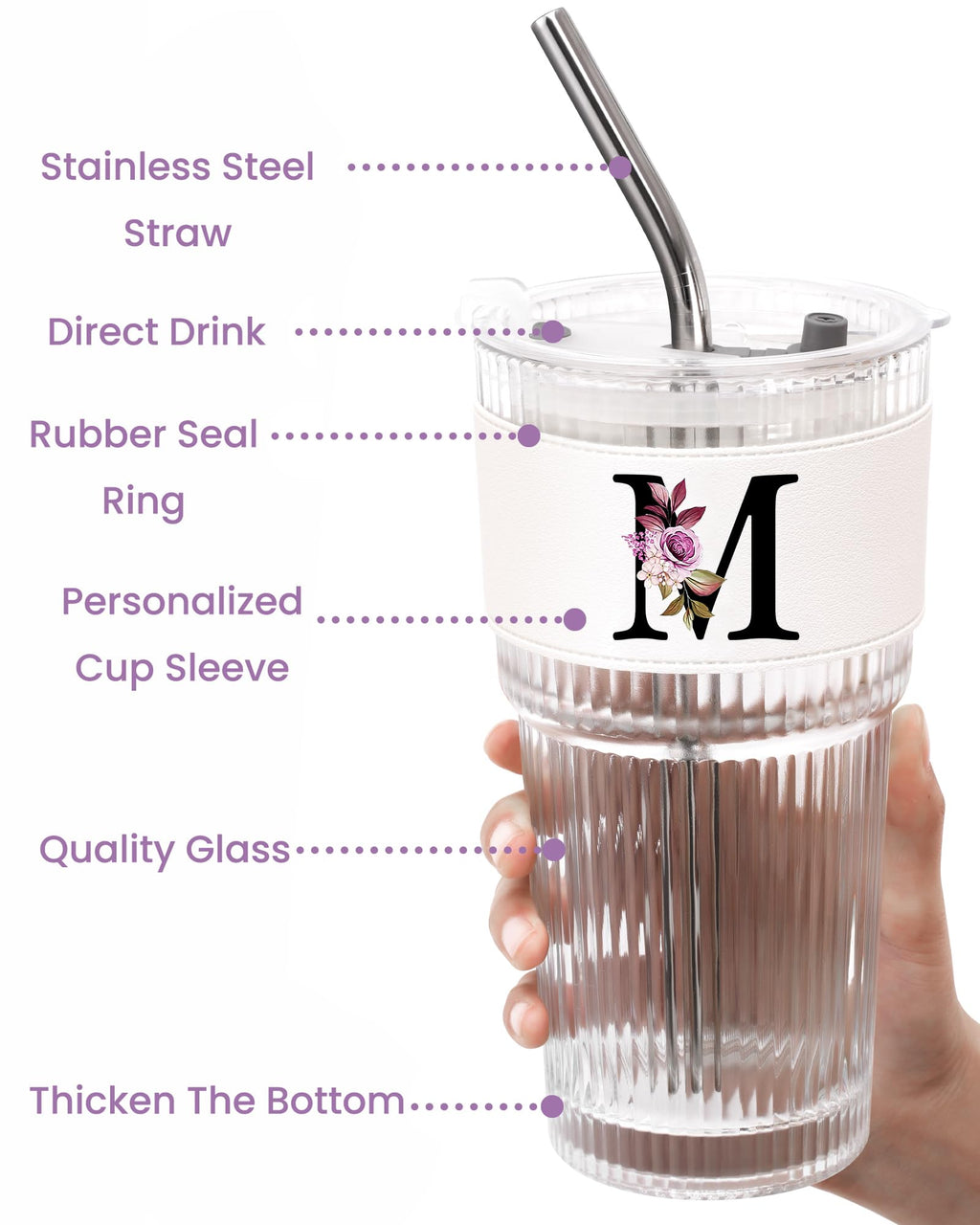 Initial Glass Cup with Lid Straw Ribbed Ice Tea Clear Tumbler Her Sister Coffee Matcha Latte Girlfriend Gf Aunt Best Friend Friendship Bestie Wife Cute Asthetic Unique Birthday Personalized Gift K