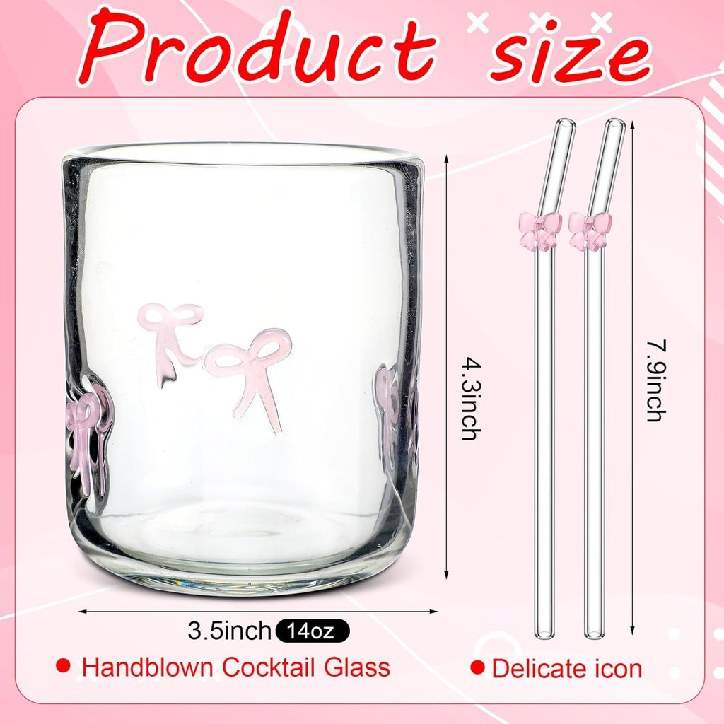 Coquette Pink Bow Aesthetic Cup Bow Icon Juice Glass With Glass Straw with Pink Bow - 14 ounce