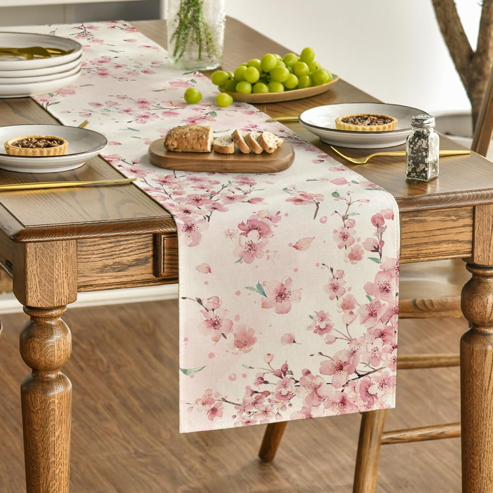 Floral Cherry Blossoms Branches Summer Table Runner