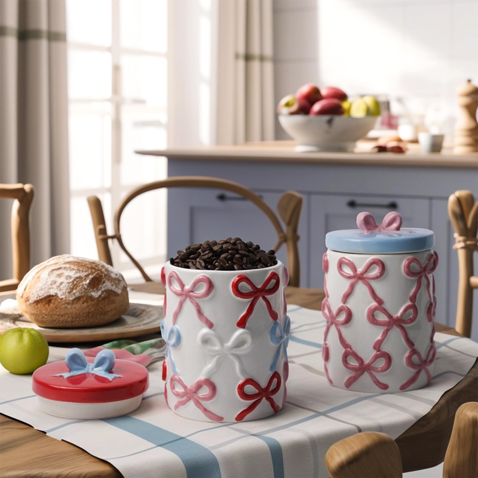 Cookie Bow Jars with Lid Airtight, 7.5 Inch Large Ceramic Food Storage Containers (42oz)