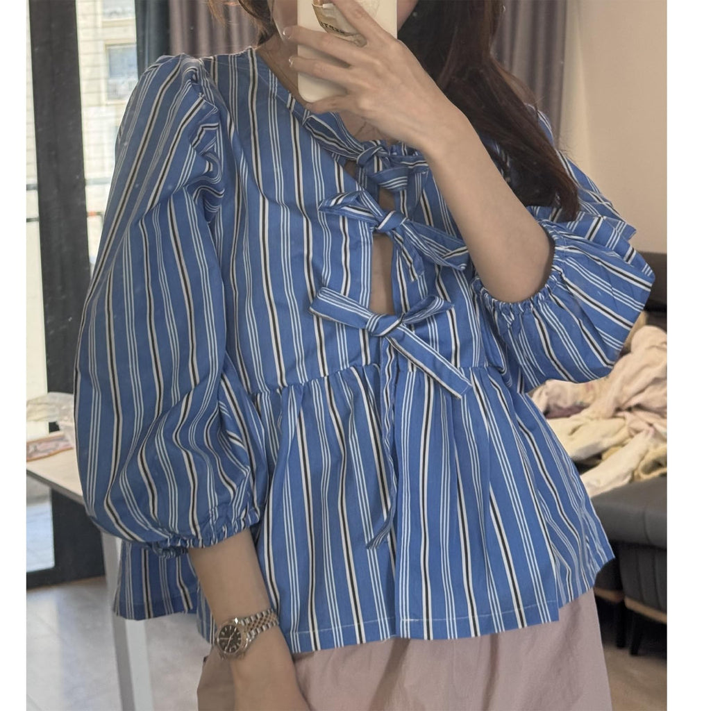 Tie Front Tops Womens Y2k Print Peplum Babydoll Top 3/4 Length Puff Sleeve Coquette Cute Going Out Tops