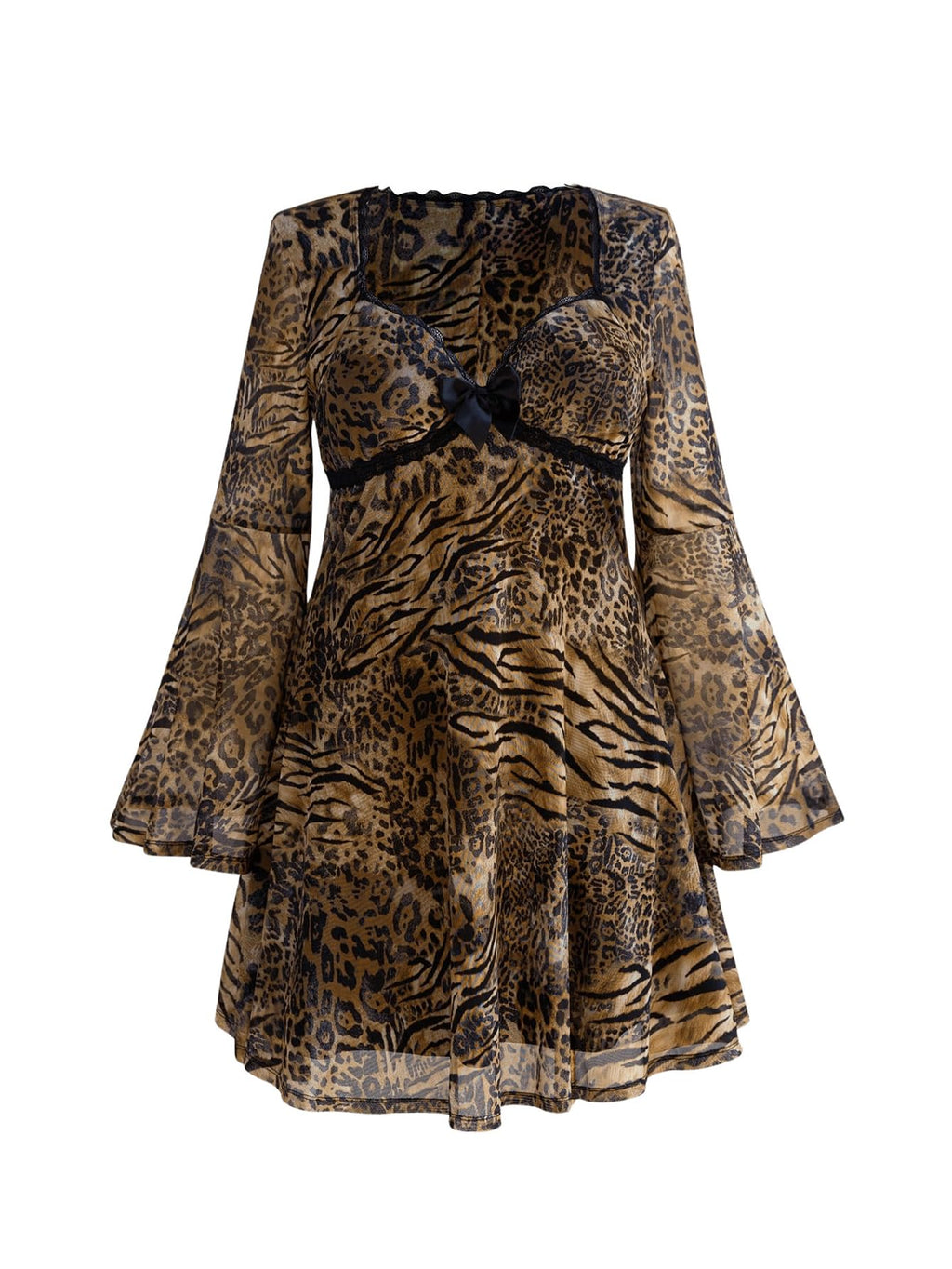 Women's Plus Size Lace Leopard Print Bell Sleeve Bow Front Dress Mini