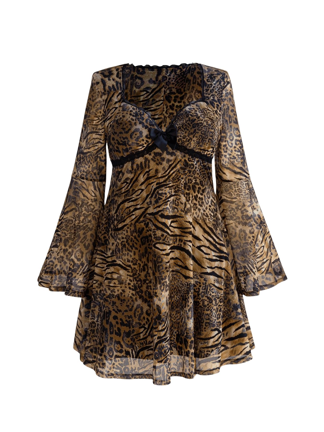 Women's Plus Size Lace Leopard Print Bell Sleeve Bow Front Dress Mini