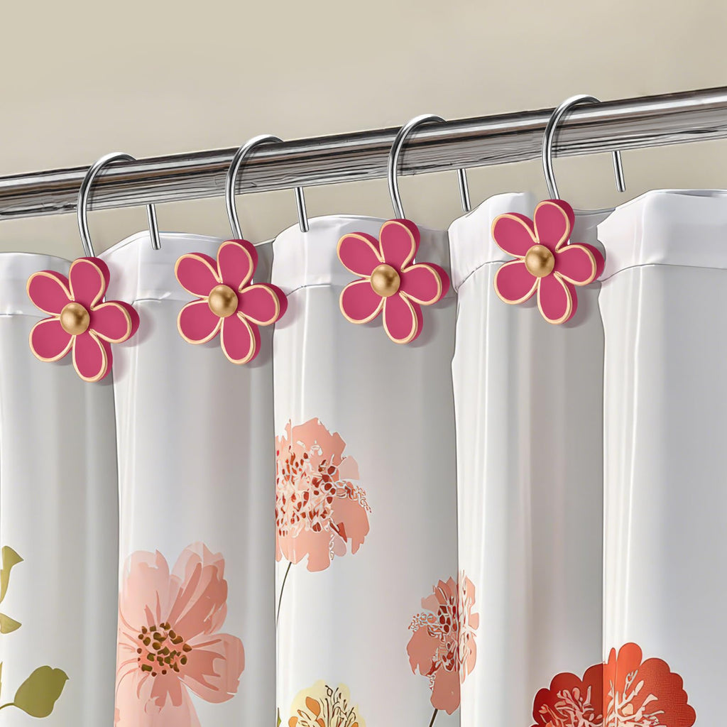 Cute Flower Shower Curtain Hooks, Pretty Floral Themed Elegant Bathroom Decor