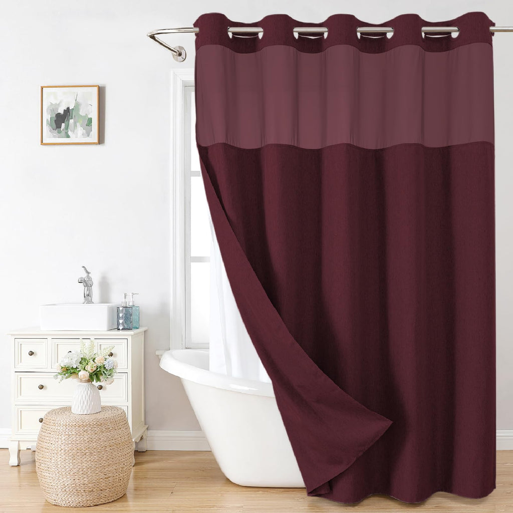 No Hooks Needed Linen Textured Shower Curtain with Snap-in Fabric Liner Set, Luxury Decor Shower Curtains for Bathroom with Mesh Top Window, Waterproof & Washable
