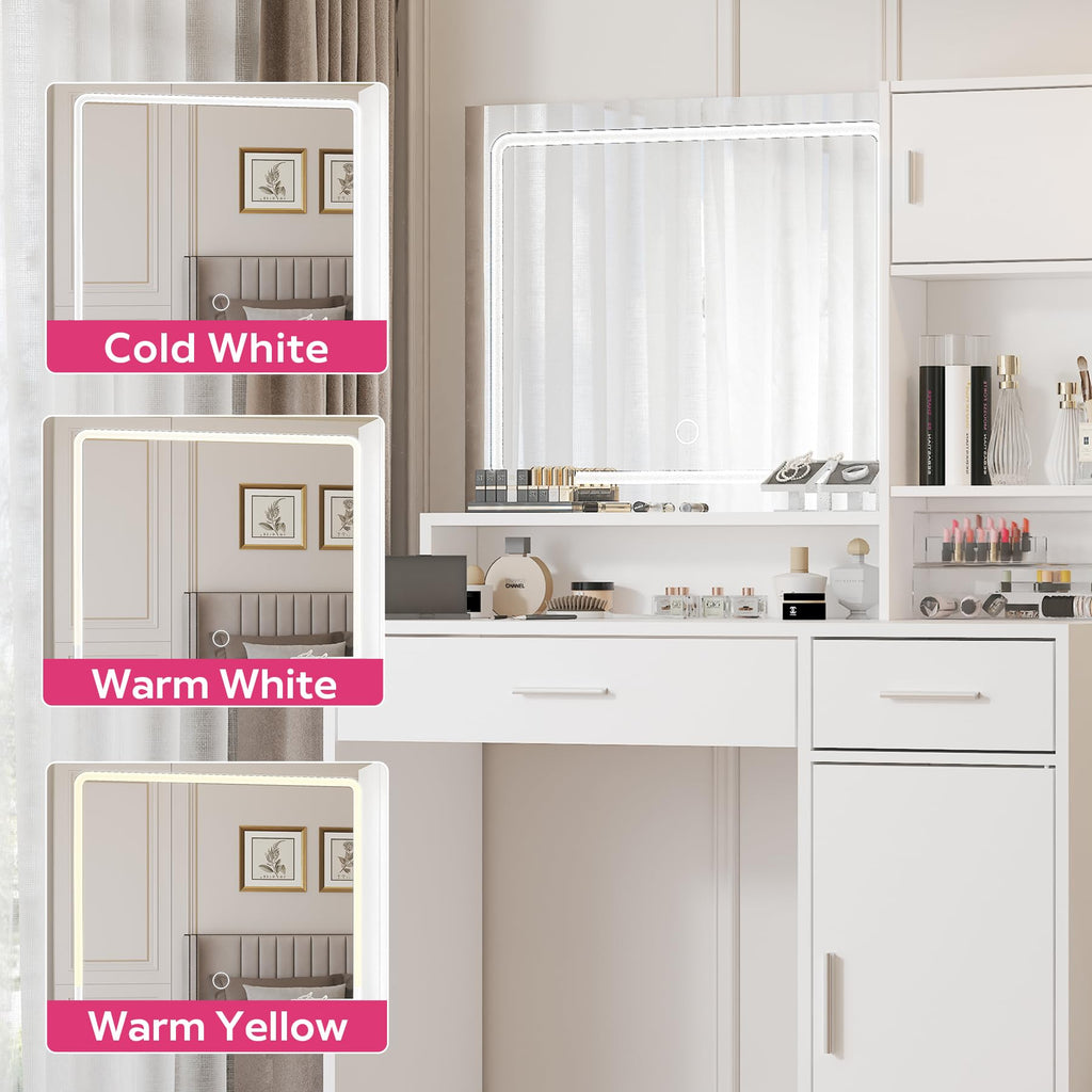 Vanity Desk with Mirror and LED Light Strip,Dressing Table with Large Drawer, 3 Level Storage Dresser & 3 Lighting Modes Adjustable Brightness