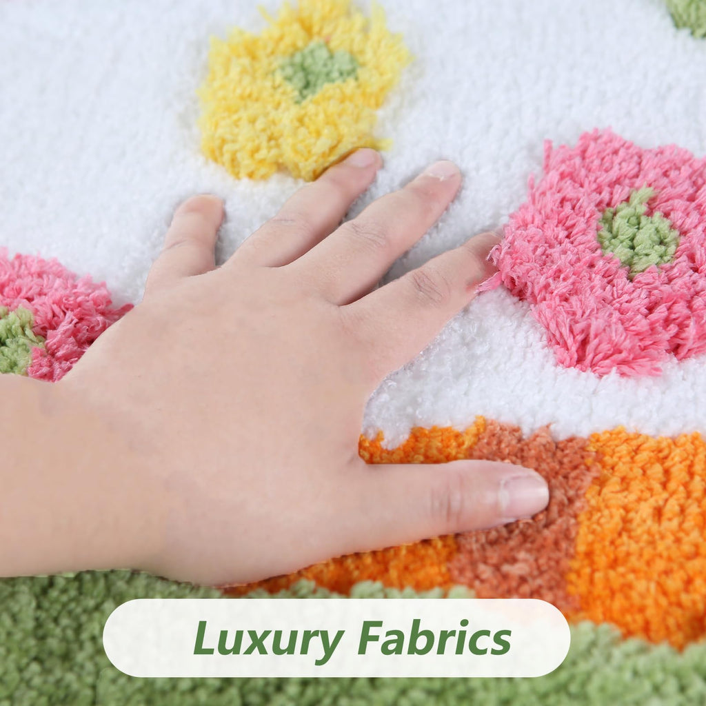 Moss Green Toilet Rugs, Luxury Tufted Extra Thick U-Shaped Toilet Rug,Cute Flower Green Moss Bath Mat Non Slip - Washable Water Absorbent Shag Bathroom Rugs for Bath