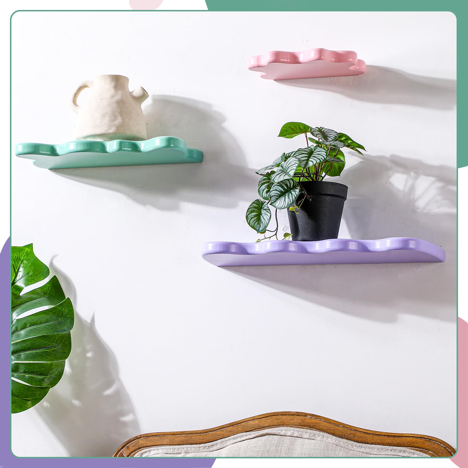 Set of 3 Wavy Cloud Floating Shelves â€?Funky Kawaii Danish Wall Decor for Bedroom & Bathroom (Pink, Green, Purple)