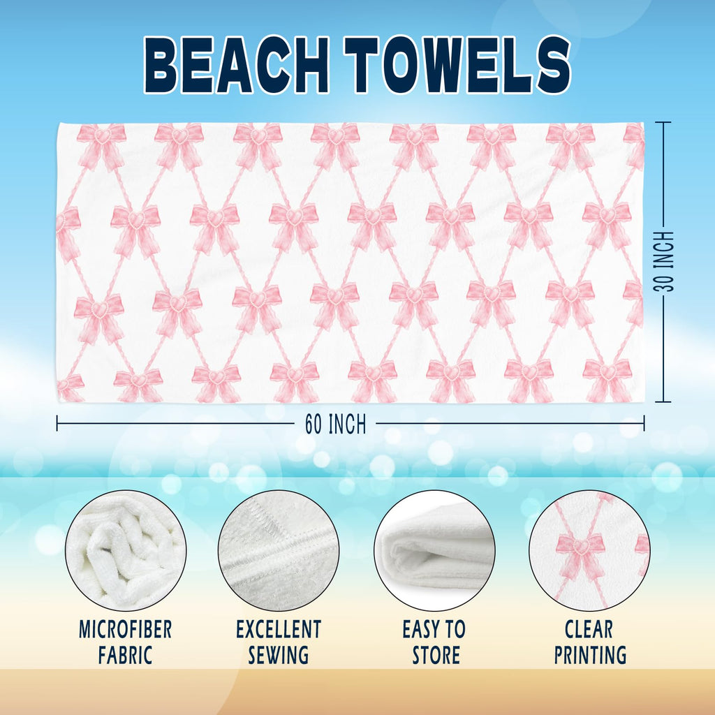 Coquette Girly Pink Bow Beach Towel - Microfiber Absorb Water Travel Towels 60x30 Inches for Bathroom Kitchen