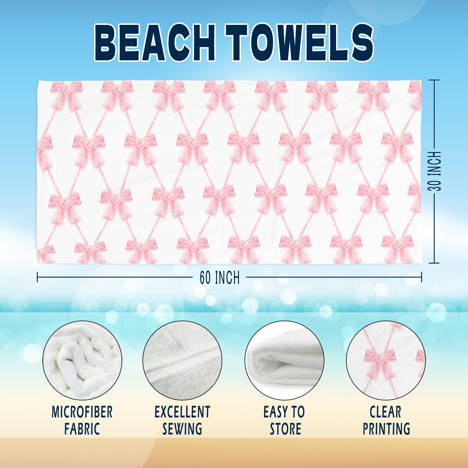 Coquette Girly Pink Bow Beach Towel - Microfiber Absorb Water Travel Towels 60x30 Inches for Bathroom Kitchen