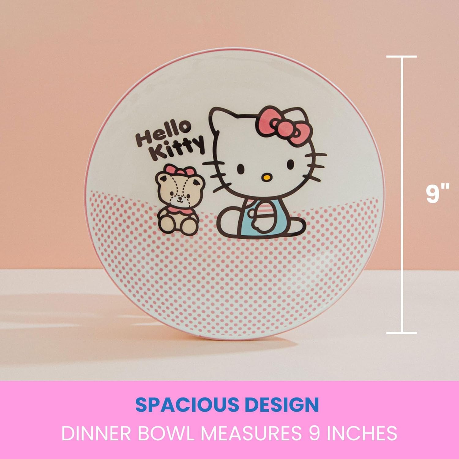 Sanrio Hello Kitty Pink Dots 9-Inch Ceramic Coupe Large Dinner Bowl For Serving Pasta, Salad, Cereal