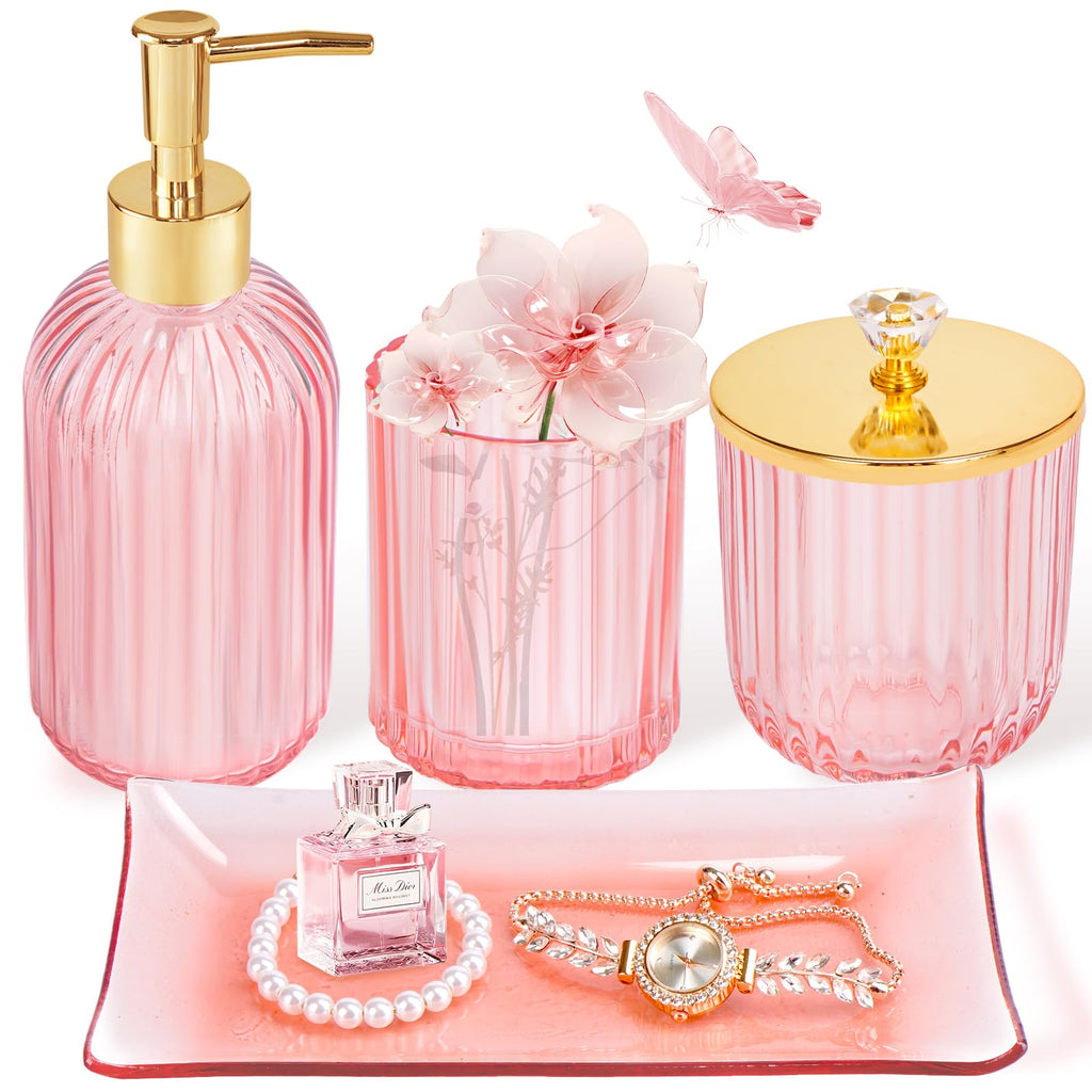 Glass Bathroom Accessories Set 4PCS Bathroom Accessories Set with Soap Dispenser Toothbrush Holder Qtip Holder & Vanity Tray