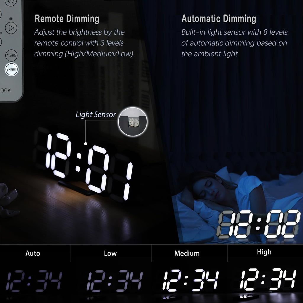 LED 3D Wall Clock 9.7" Clock with Remote/Dimming/12/24H/Temp/Alarm Clock/Date
