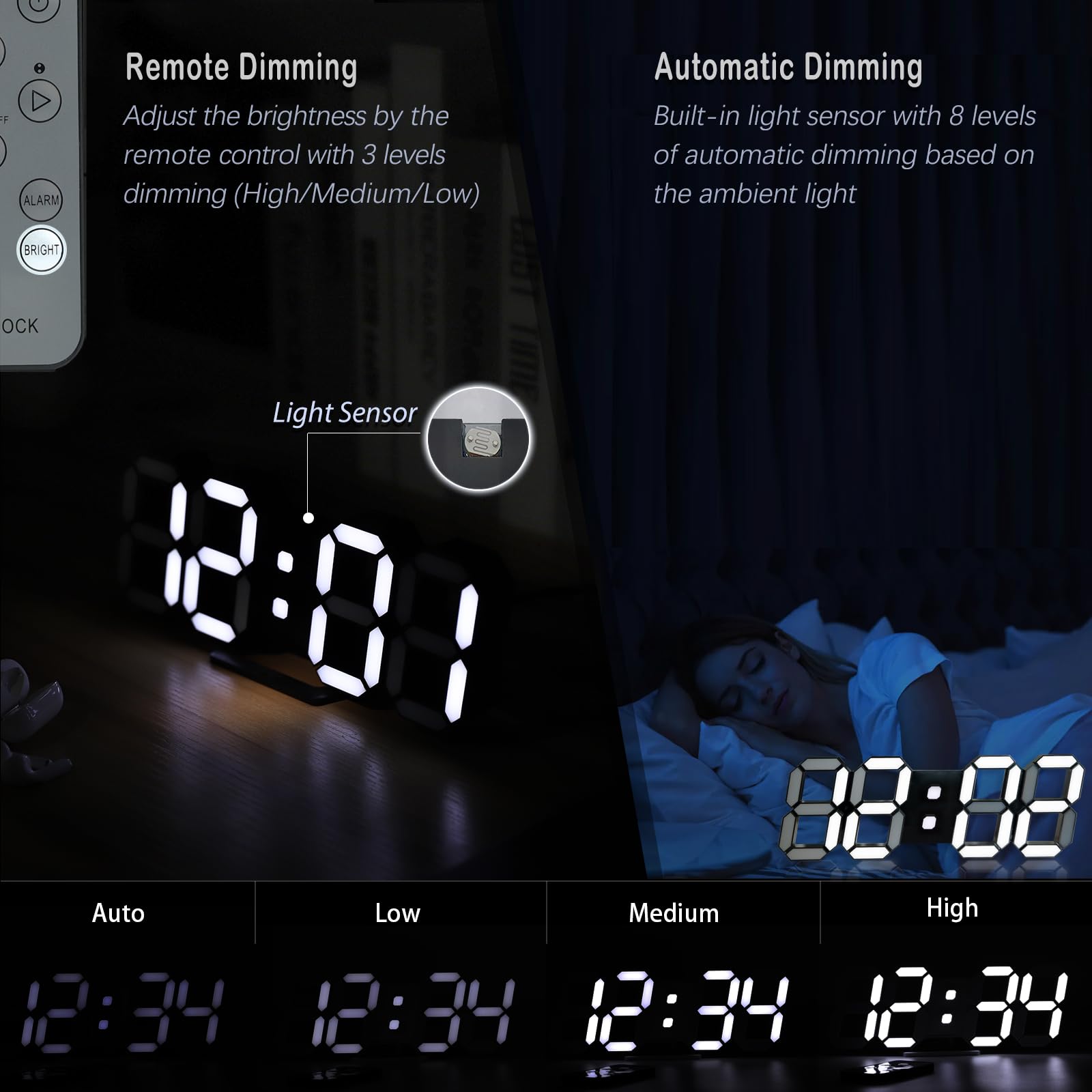 LED 3D Wall Clock 9.7" Clock with Remote/Dimming/12/24H/Temp/Alarm Clock/Date