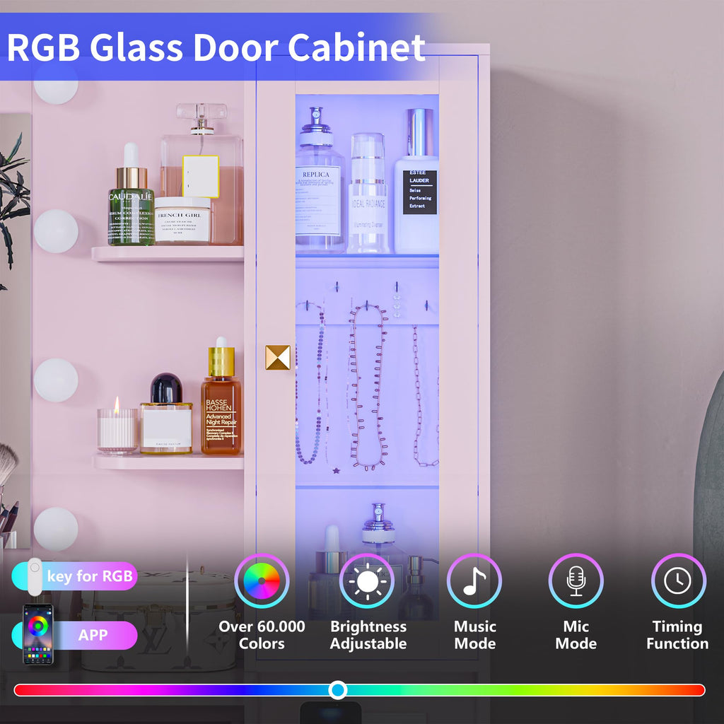 Vanity Desk with Mirror and Lights, Pink Makeup Vanity with 5 Drawers Hidden Jewelry Organizer& LED Glass Cabinet, 3 Lights Mode and Brightness Adjusted,Vanity Mirror with Lights Desk and Chair