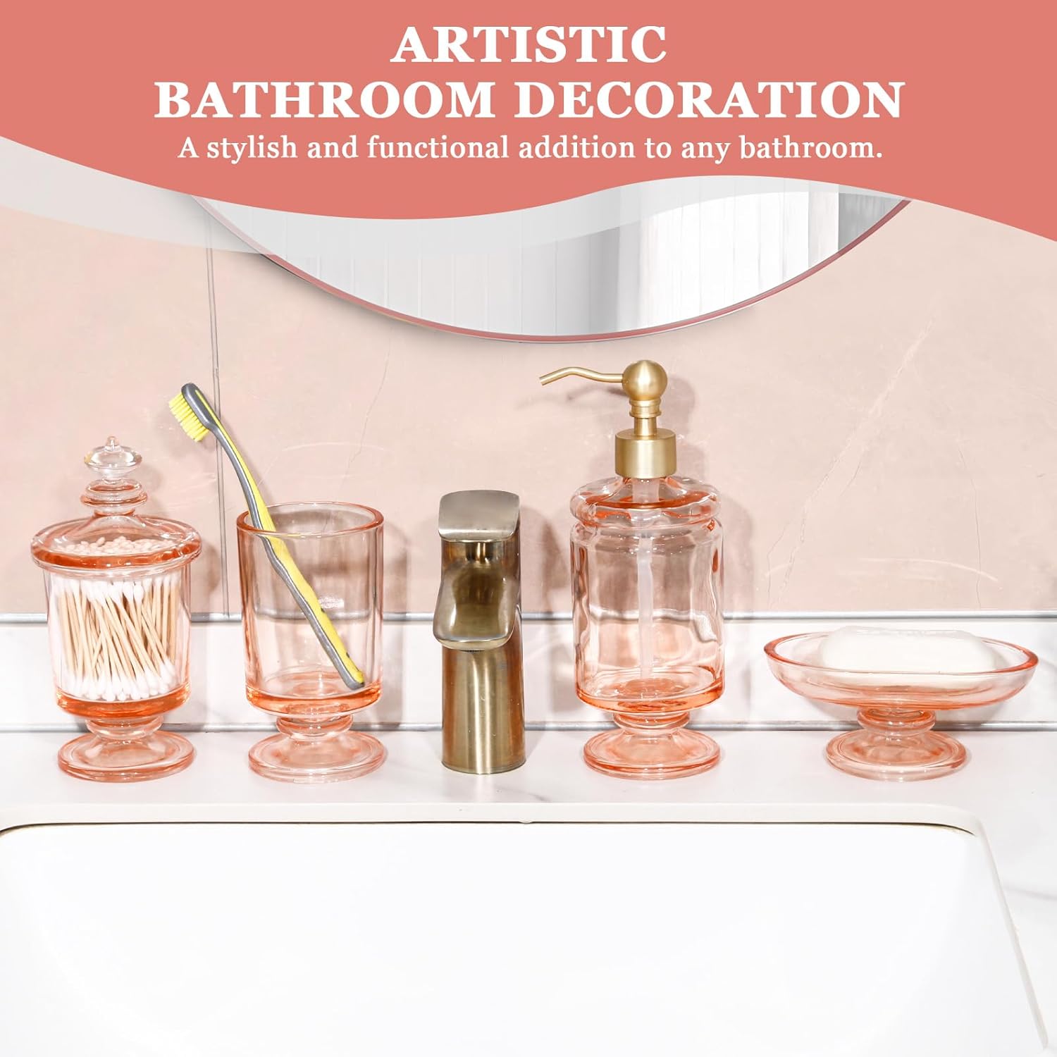 Pink Bathroom Accessories Set Glass Bow Decor 4Pcs, Lotion Soap Dispenser & Soap Dish & Toothbrush Holder & Cotton Swab Jar