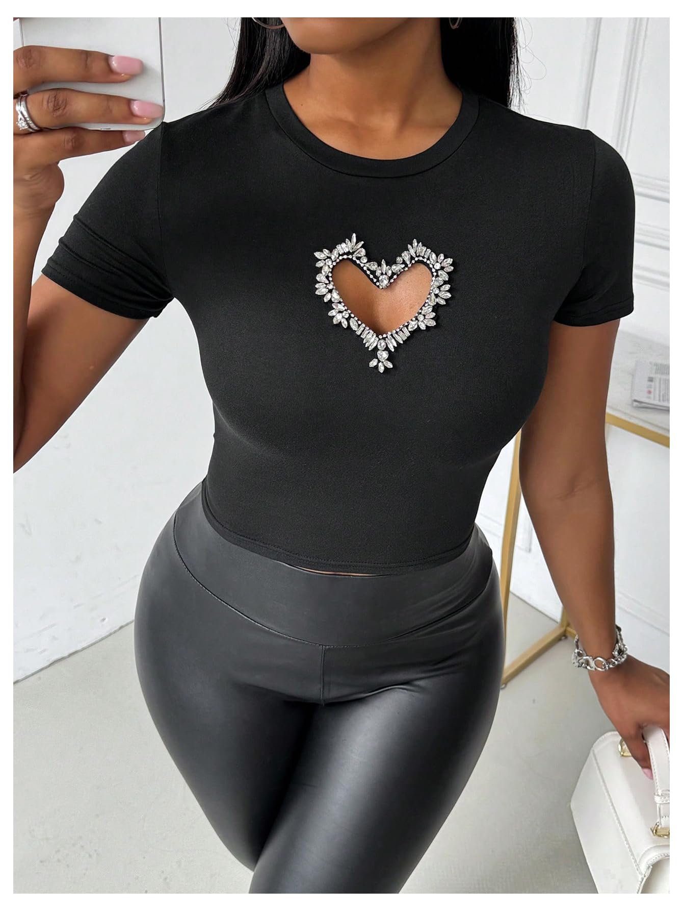 Women's Heart Rhinestone Cut Out Tee Shirts Casual Slim Fit Rib Knit Tops