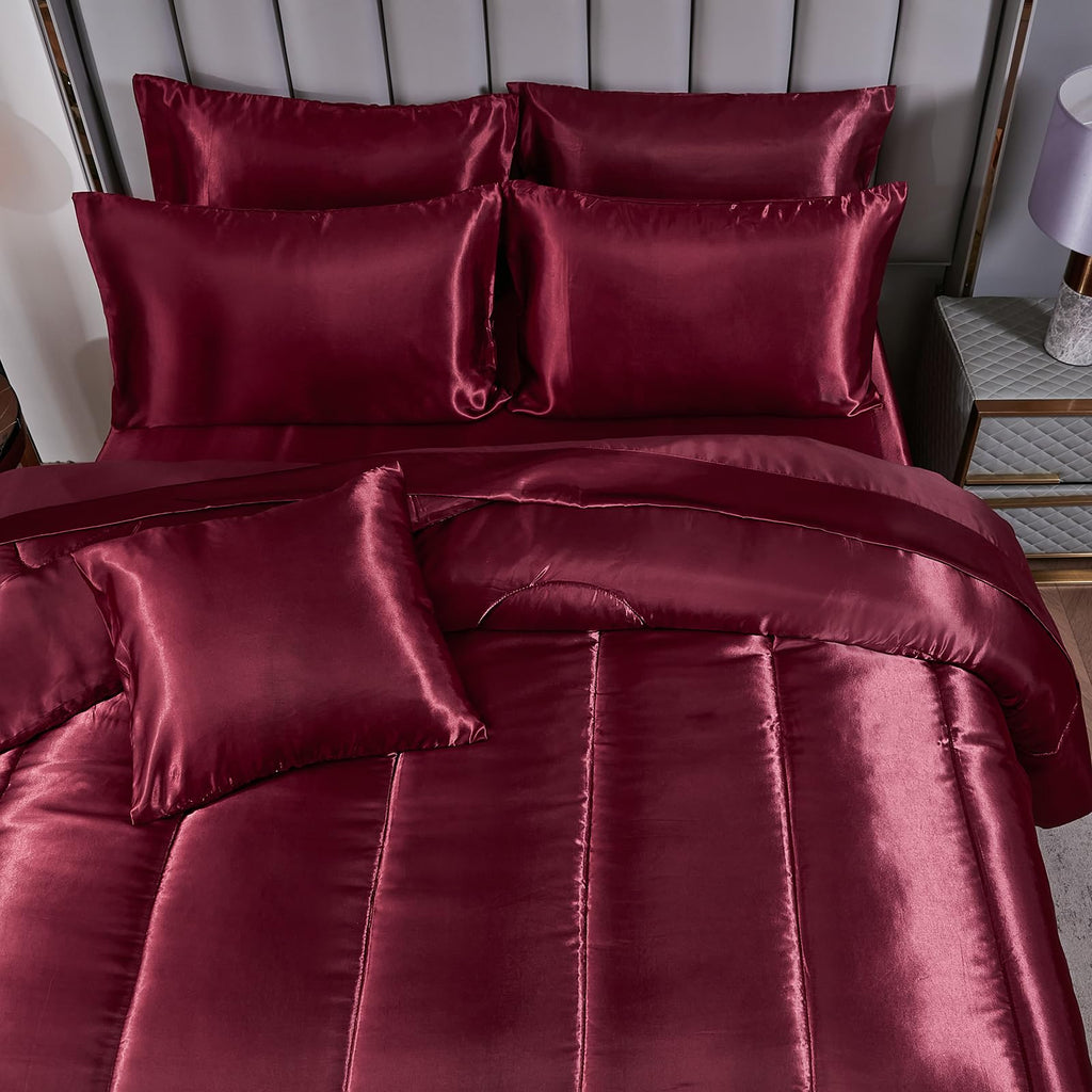 Satin Comforter Set with Sheet Set Full Silk Like Hot Pink Bed in a Bag Luxury Silky Bedding with 1 Comforter, 1 Flat Sheet, 1 Fitted Sheet, 4 Pillowcases, 1 Cushion Cover (Full, Hot Pink)