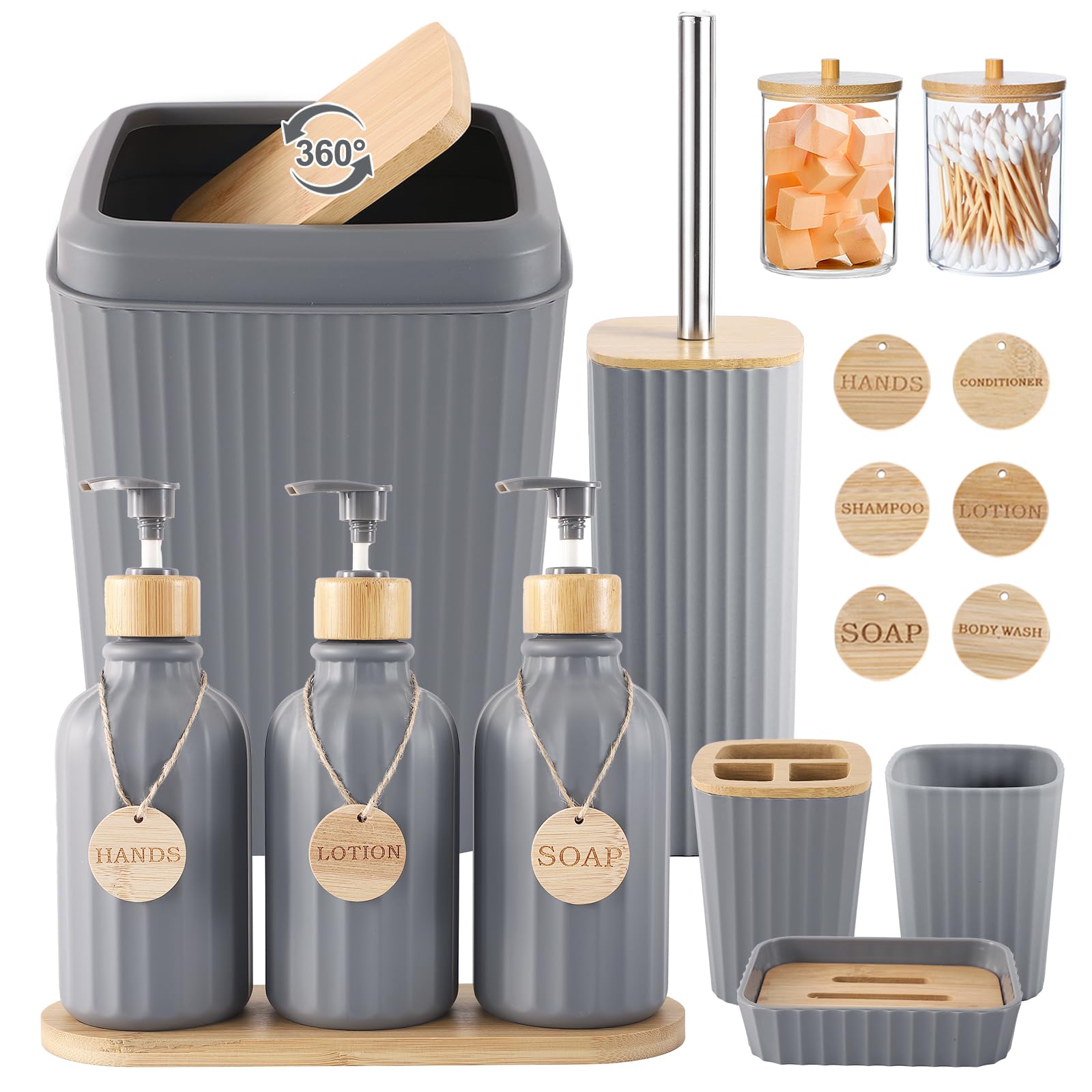 Simply Bathroom Accessories Set 17PCS Bathroom Set with Trash Can 3PCS Lotion Soap Dispenser, Toothbrush Holder, Soap Dish,Tumbler Cup, 6PCS Wood Tags Bath Accessories with Tray for Kitchen Bathroom