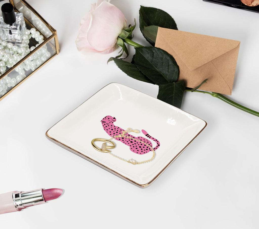 Ceramic Jewelry Tray Dish, Pink Print Jewelry Plate Trinket Dish