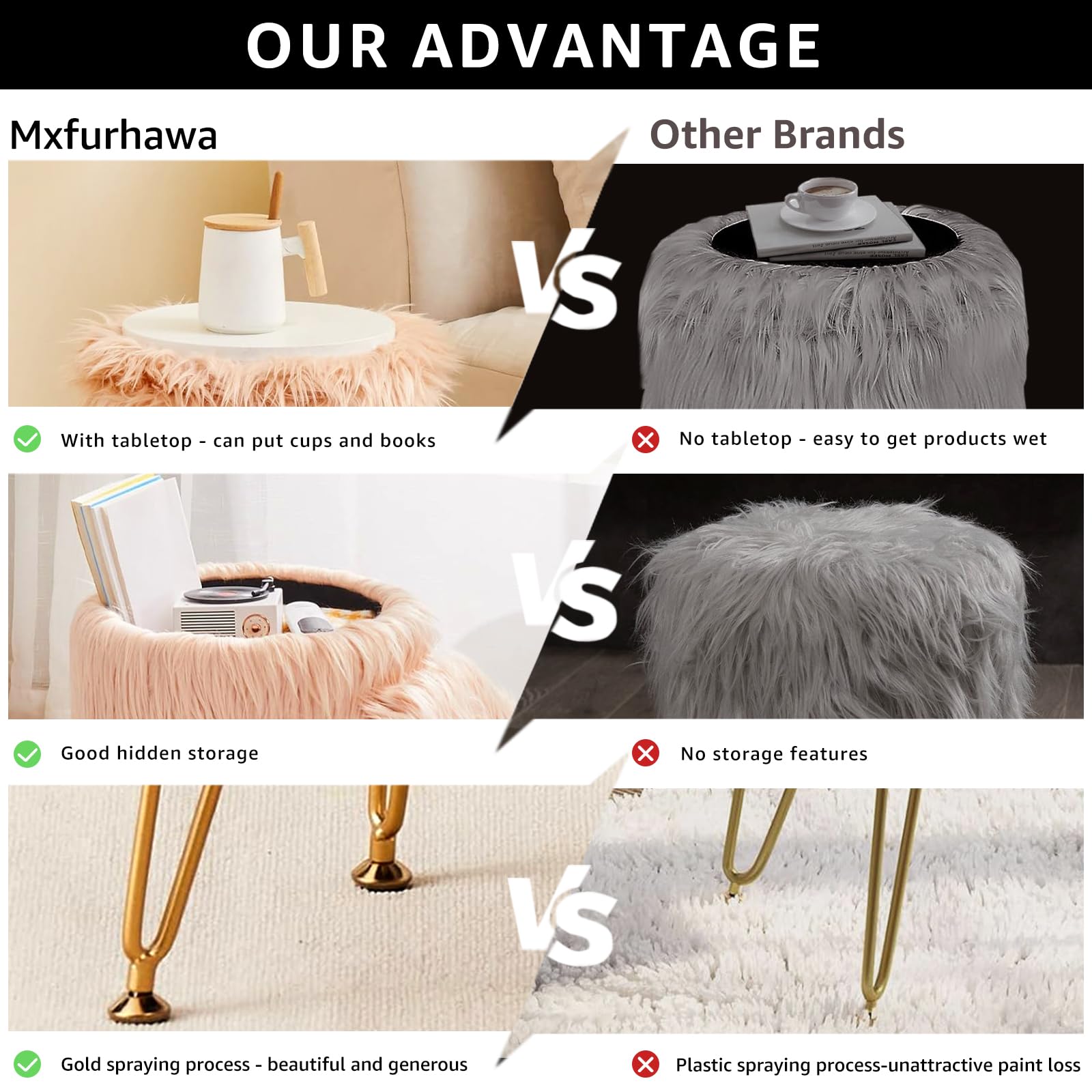 Faux Fur Storage Ottoman Round Furry Vanity Stool Marble Grain Tray Coffee Table Compact Footrest Stool with 4 Metal Legs Soft Makeup Seat Foot Stools for Living Room Bedroom Entryway