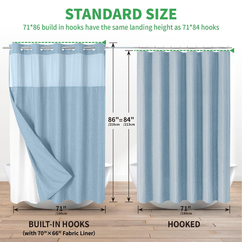 No Hooks Needed Linen Textured Shower Curtain with Snap-in Fabric Liner Set, Luxury Decor Shower Curtains for Bathroom with Mesh Top Window, Waterproof & Washable