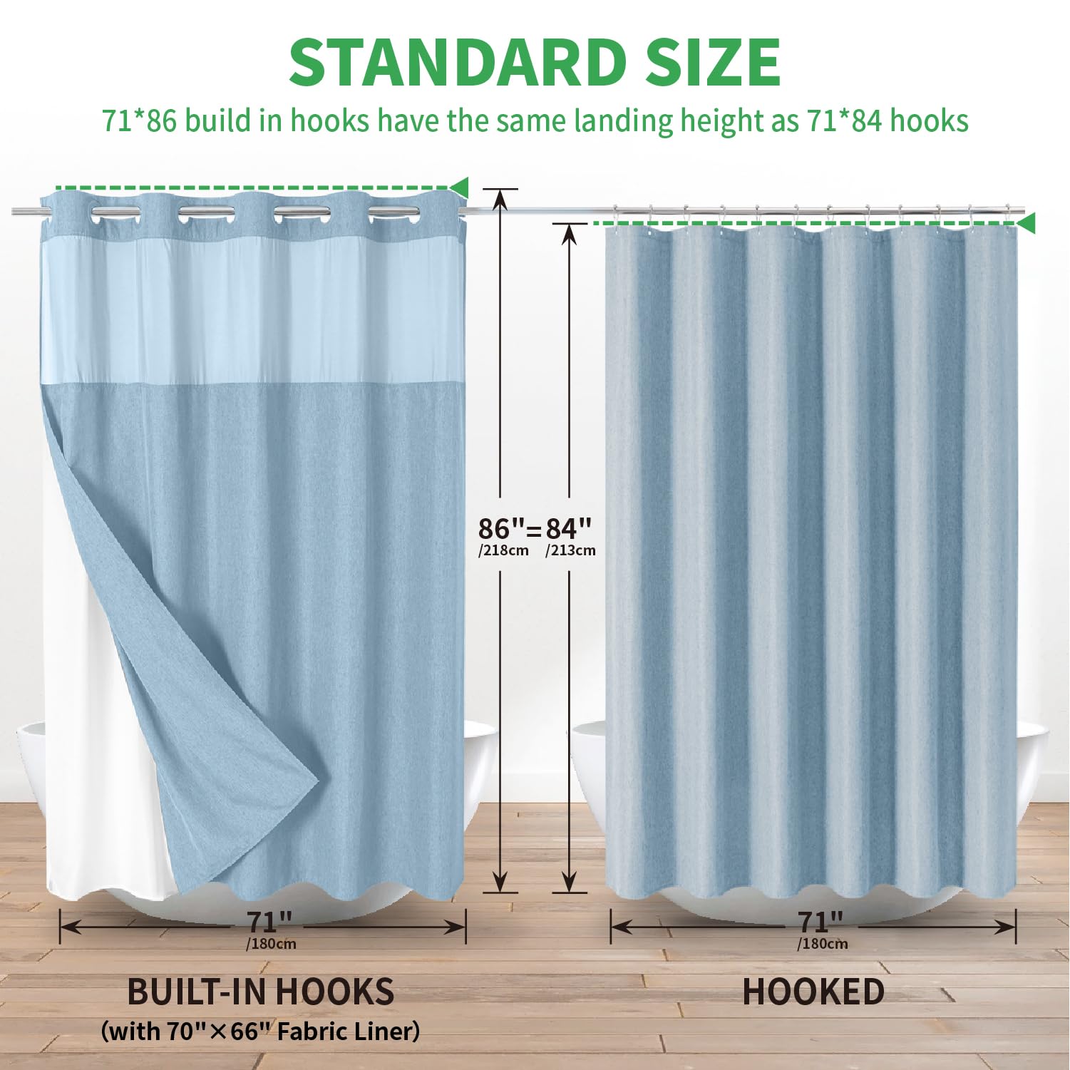 No Hooks Needed Linen Textured Shower Curtain with Snap-in Fabric Liner Set, Luxury Decor Shower Curtains for Bathroom with Mesh Top Window, Waterproof & Washable