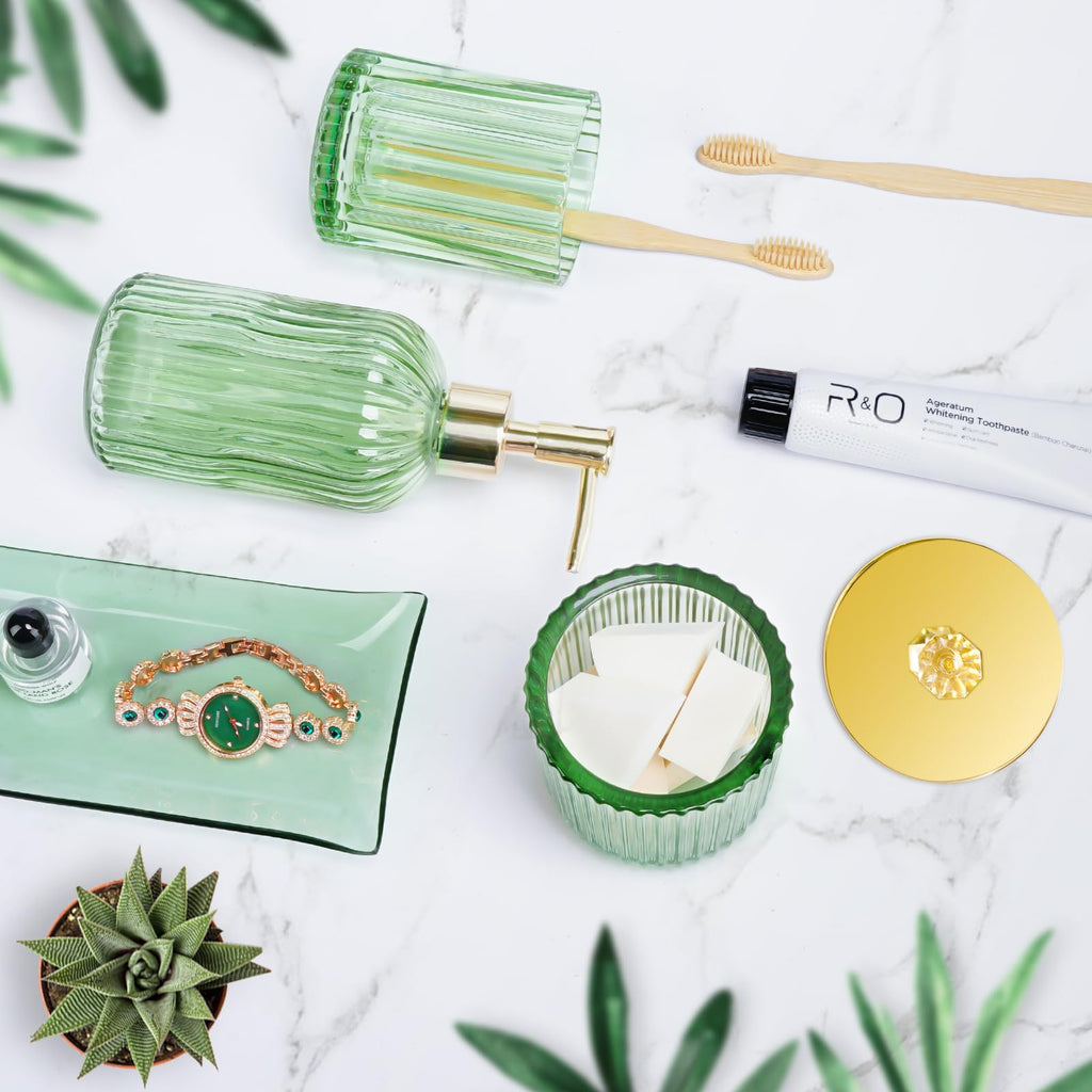 Glass Bathroom Accessories Set 4PCS Bathroom Accessories Set with Soap Dispenser Toothbrush Holder Qtip Holder & Vanity Tray