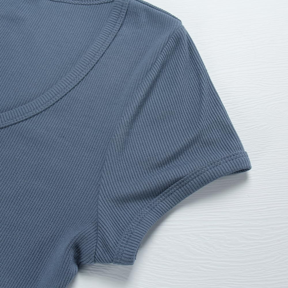 Women's Short Sleeve T-Shirts Form Fitting Ribbed Knit V Notch Scoop Neck Basic Crop Top