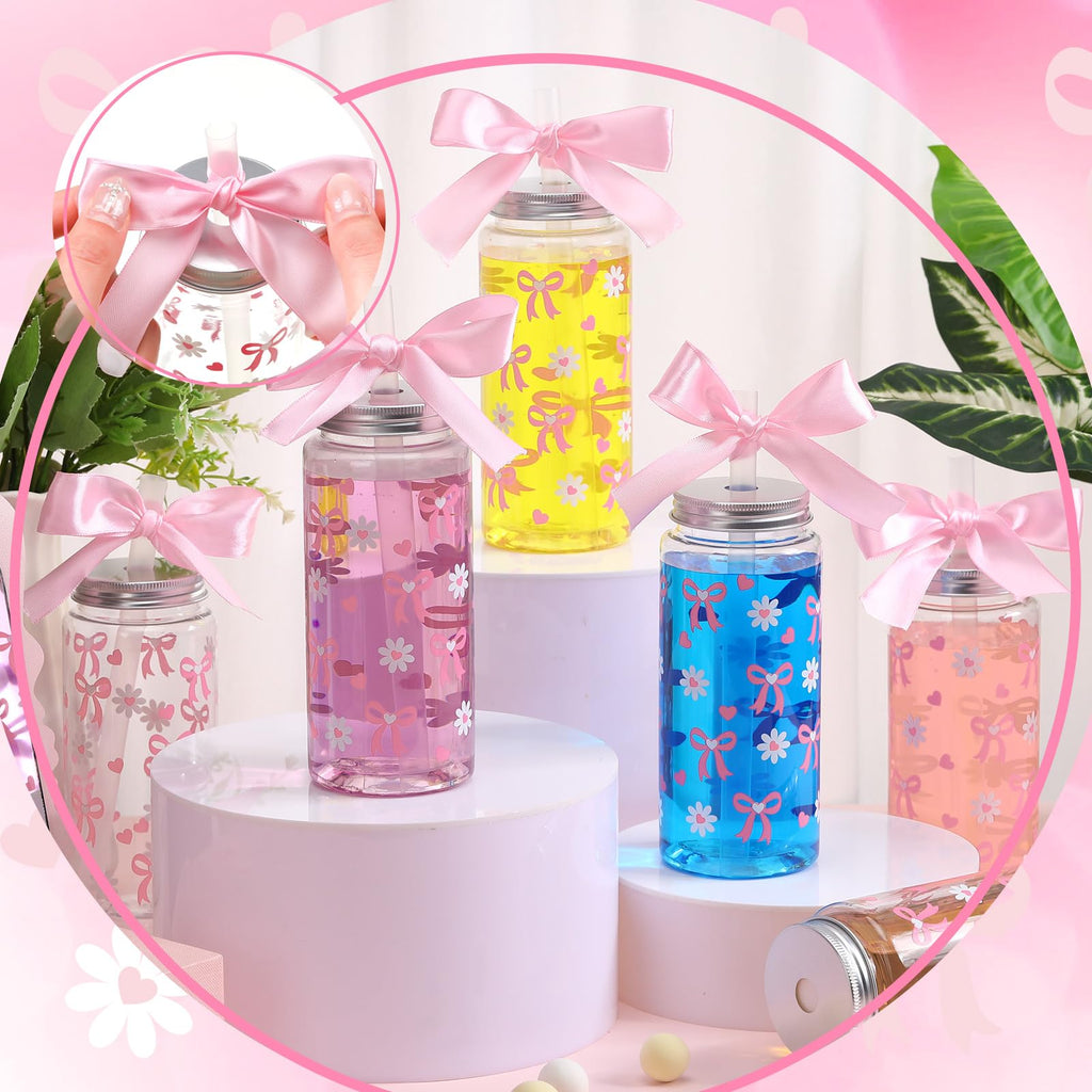 Color Bow Plastic Cups Coquette Bow Aesthetic Cup with Lids and Straws 14 oz Reusable Cute Bow Plastic Tumbler with Ribbon Bow