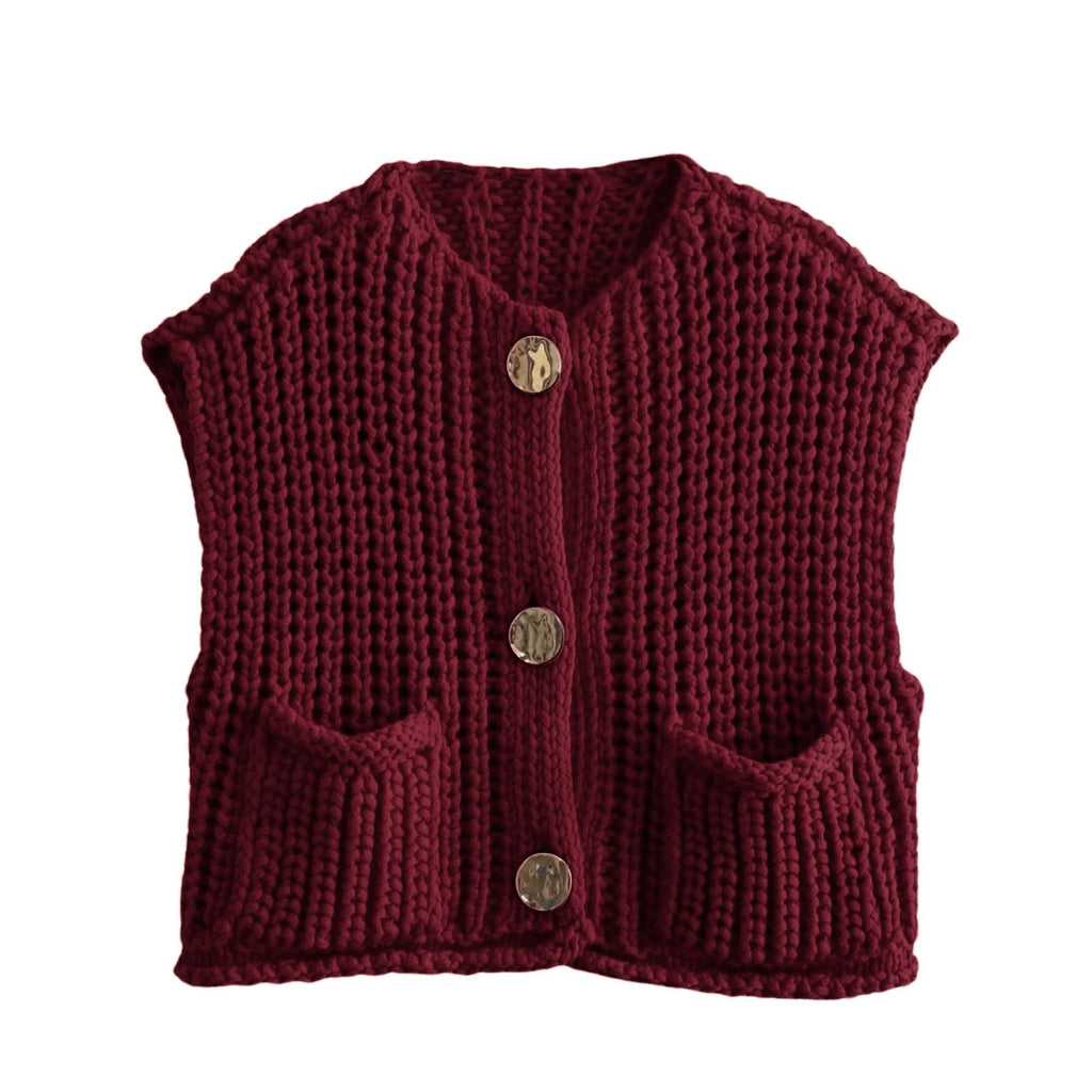 Women's Cropped Sweater Vest Cute Crewneck Button Down Sleeveless Crop Knit Cardigan with Pocket