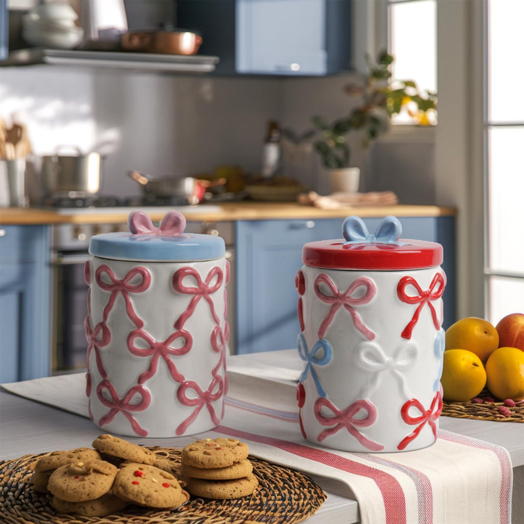 Cookie Bow Jars with Lid Airtight, 7.5 Inch Large Ceramic Food Storage Containers (42oz)