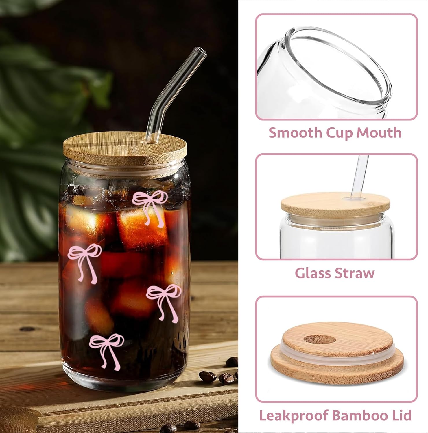 Coquette Aesthetic Glass Cup with Lid and Straw â€?Pink Bow Iced Coffee Tumbler, 16 oz, Includes Cleaning Brush and Gift Box