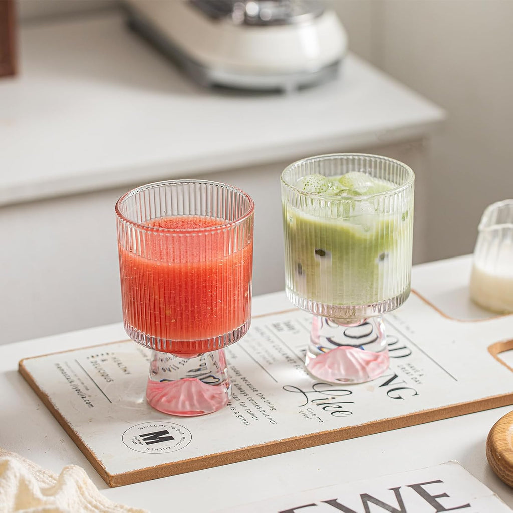 Durable Glass 4-Piece Clear Ribbed Cocktail Glasses, 12oz Featuring a Stabilizing Conical Base with a Pink Ombre Finish