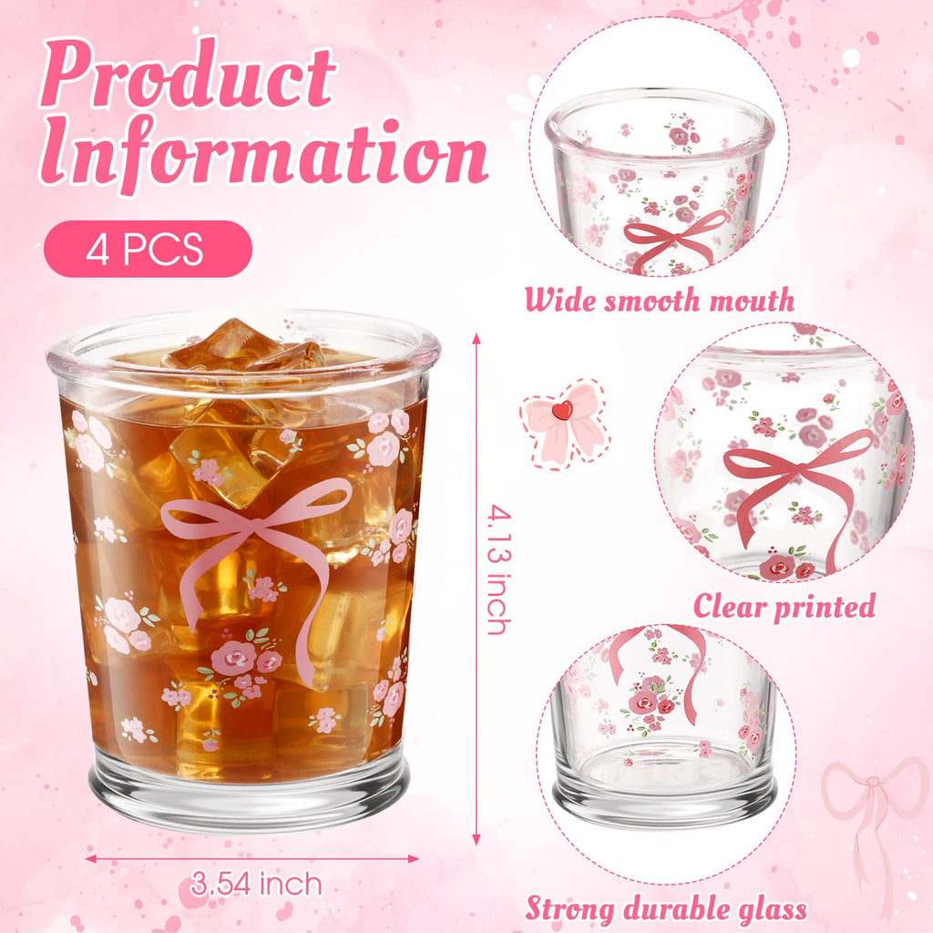 Coquette Bow Glass Cups Pink Bow Aesthetic Drinking Glasses 4 Pcs 8oz