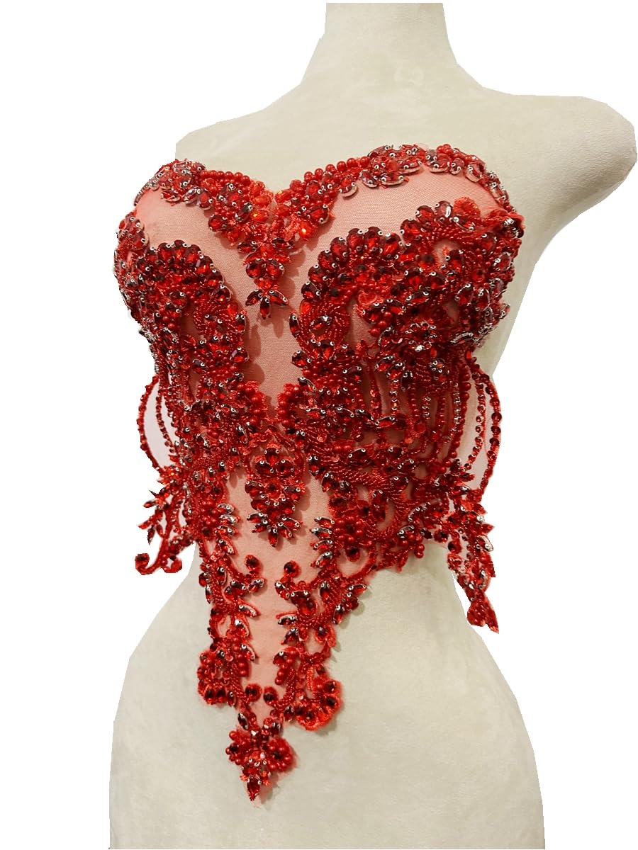 Handmade red/Blue/Gold/Green Rhinestones lace Bodice Applique Sewing Beads Crystal Trim Patches Accessory for Dress Clothes (Rose red)