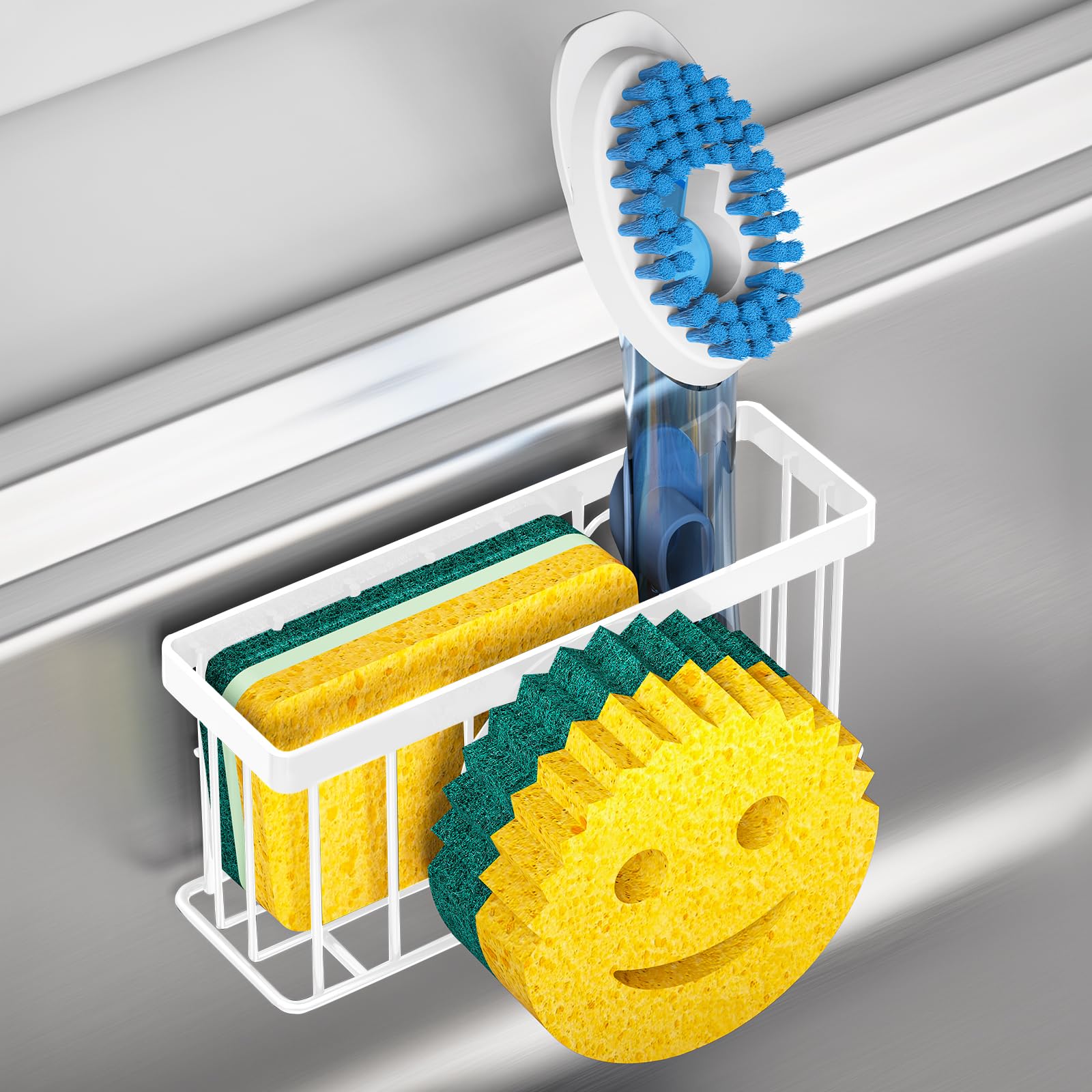 Sponge Holder Smiley Face, Sink Caddy for Kitchen Organizer Sponge Holder with 2 PCS Suction Cups/1 PCS Adhesive Strips