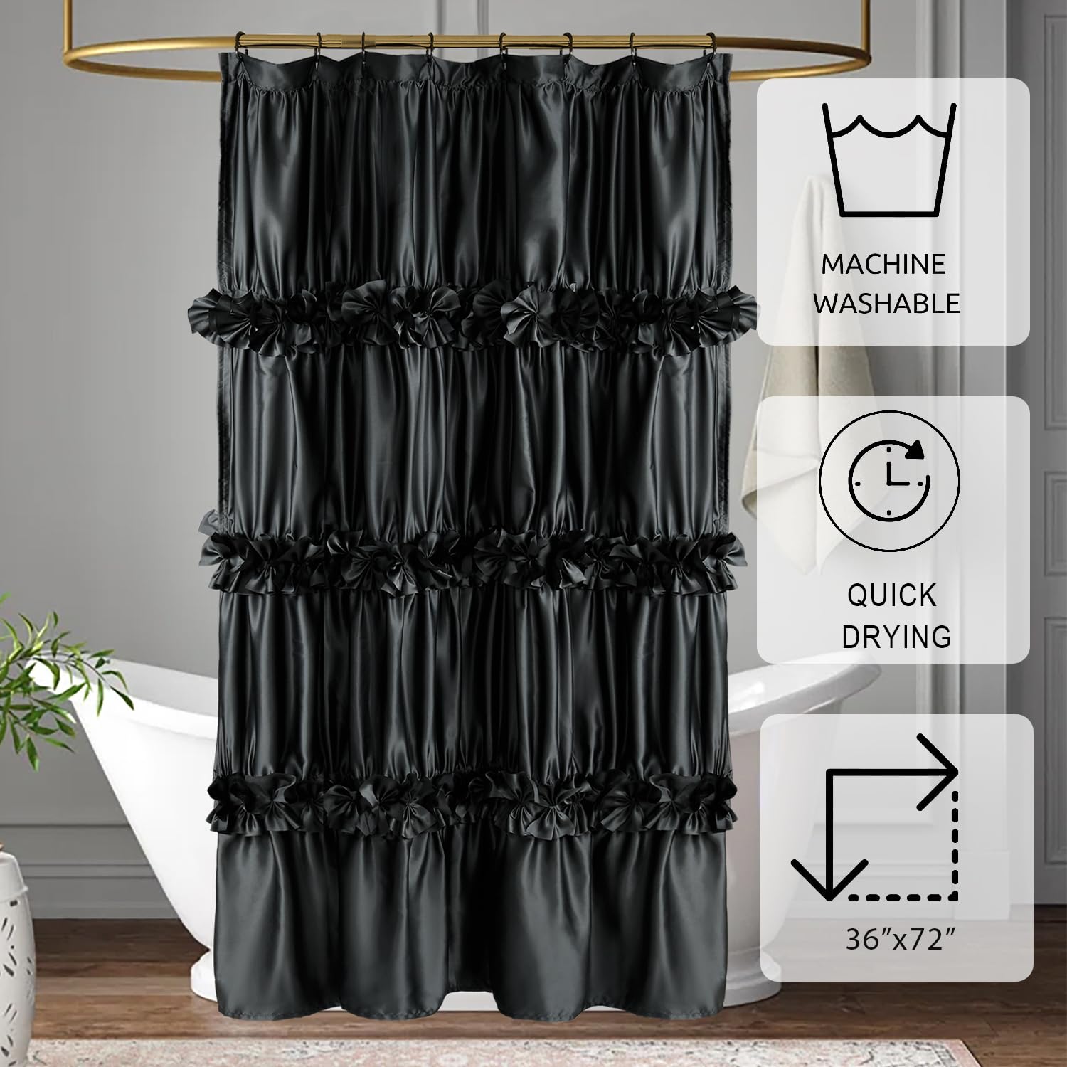 Victorian Bow Tie Ruffle Shower Curtain, with 12 Buttonholes, 72" W x 72" H, White (LQ-10)