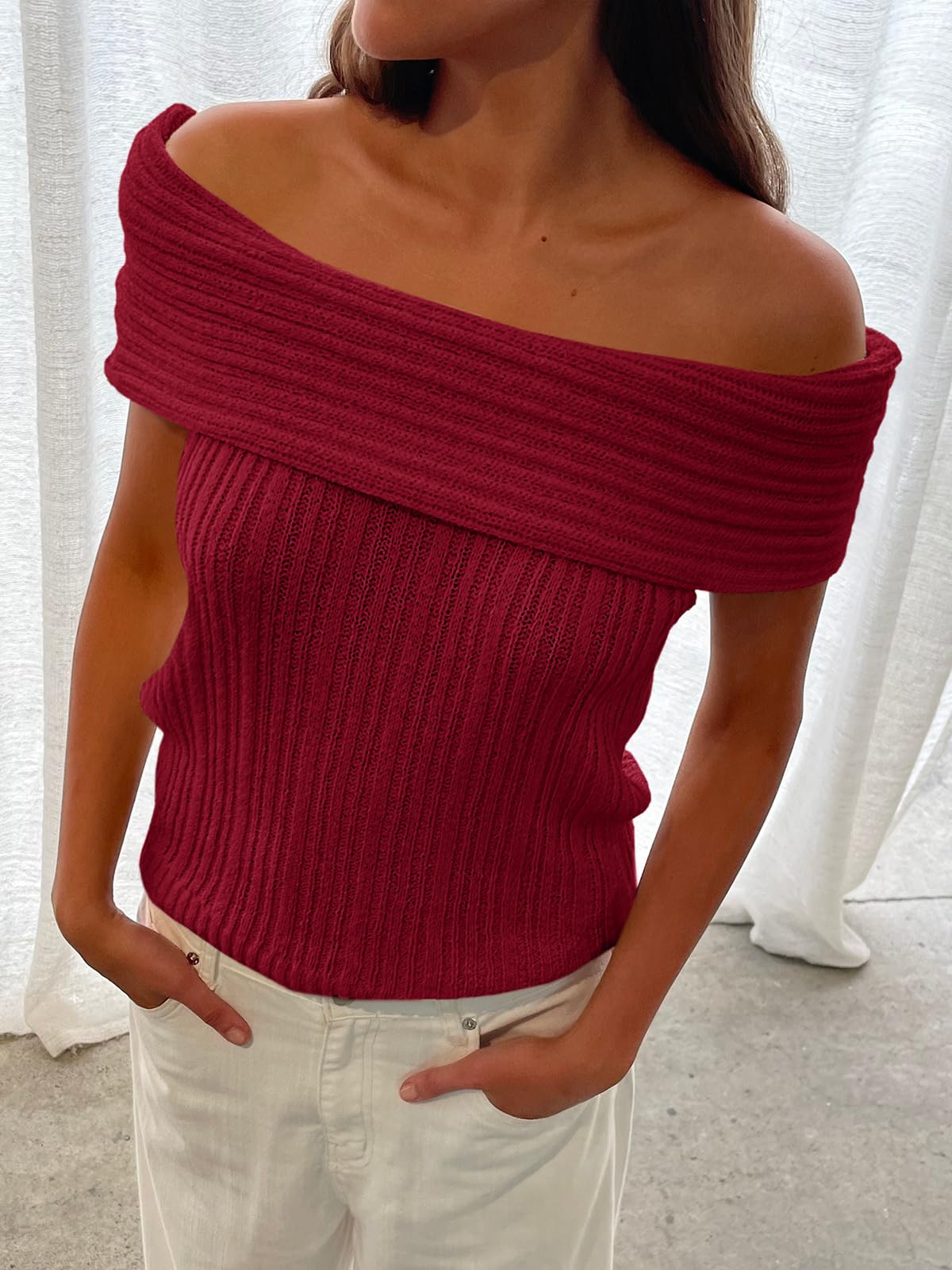 Womens Off The Shoulder Sweater Tops Summer Sleeveless Strapless Ribbed Sexy Pullover Shirts