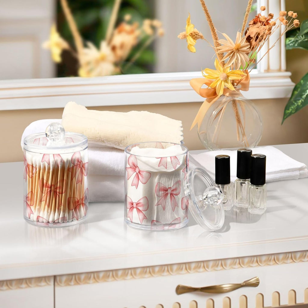 Pink Bow-knot, Cotton Swab Dispenser with Lid Bathroom Containers Canister Organizer Storage Jar 2 Pack