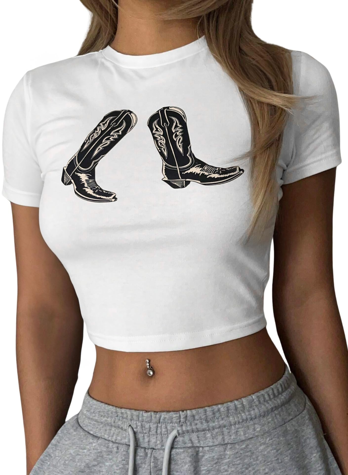 Western Cowgirl Crop Tops for Women - Country Rodeo Outfits Boot Print Summer Slim Shirt Sexy Cowboy Tee