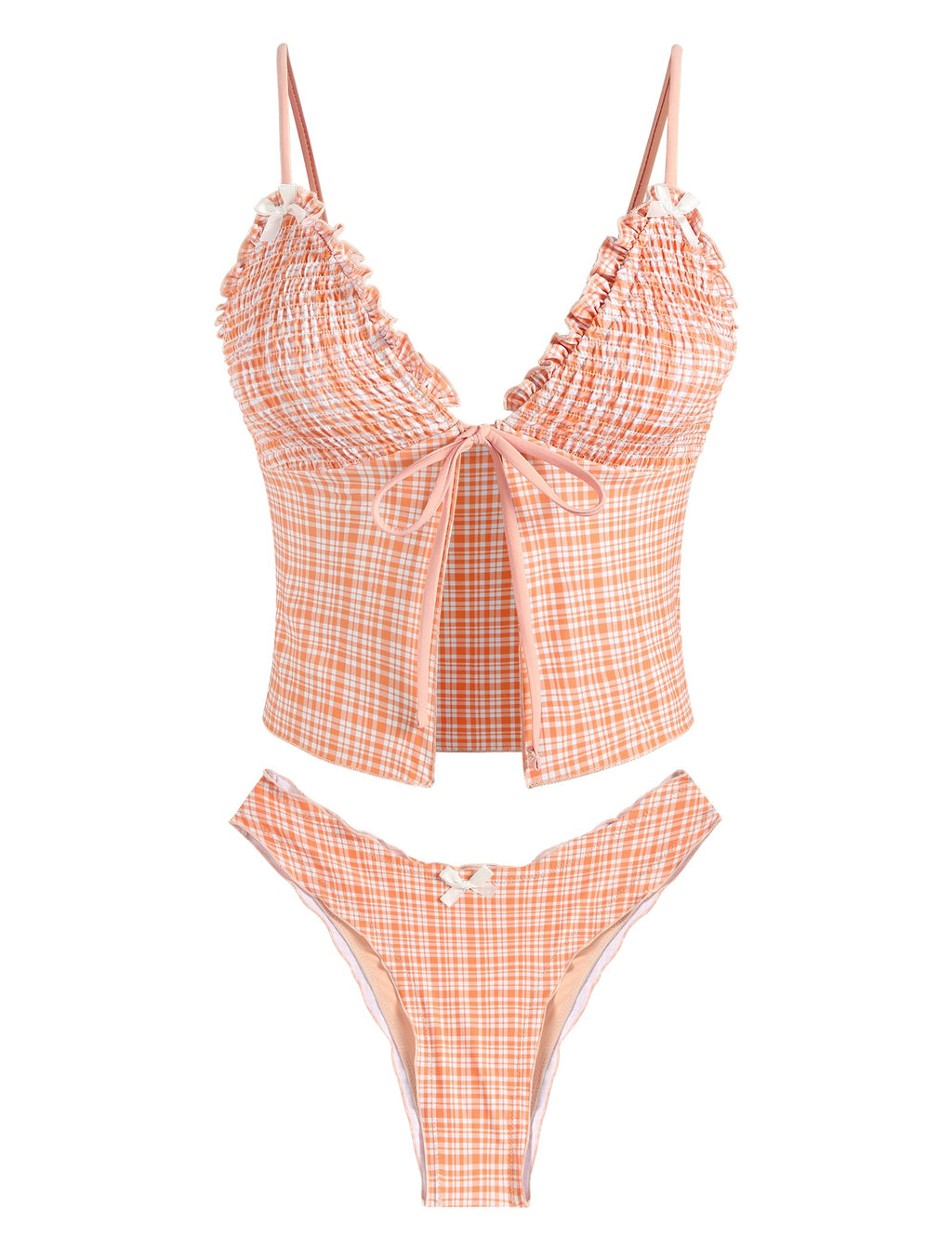 Tankini Swimsuits for Women Smocked Ruffles Tie Front Bowknot Textured High Cut Tanga Tankini Set