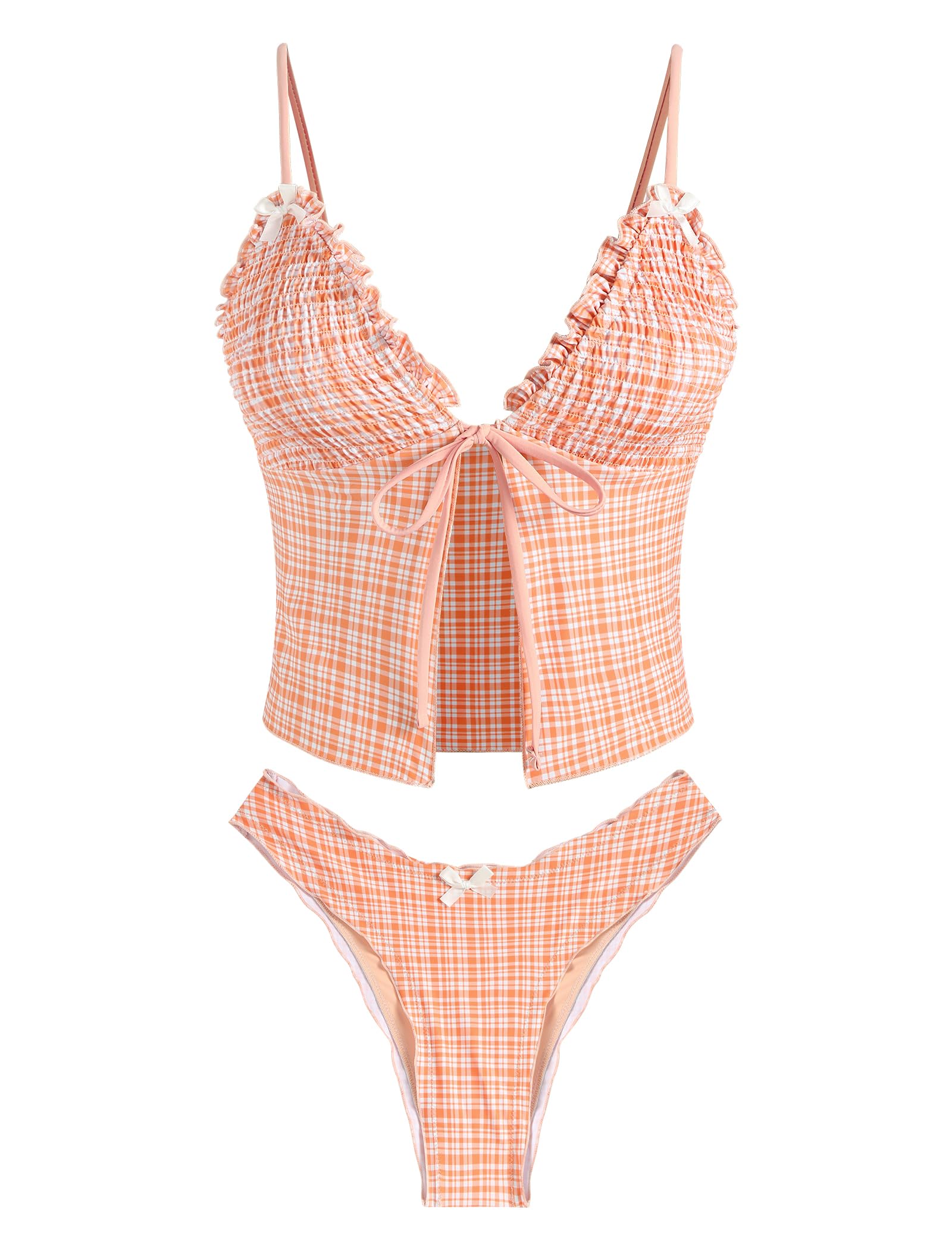 Tankini Swimsuits for Women Smocked Ruffles Tie Front Bowknot Textured High Cut Tanga Tankini Set