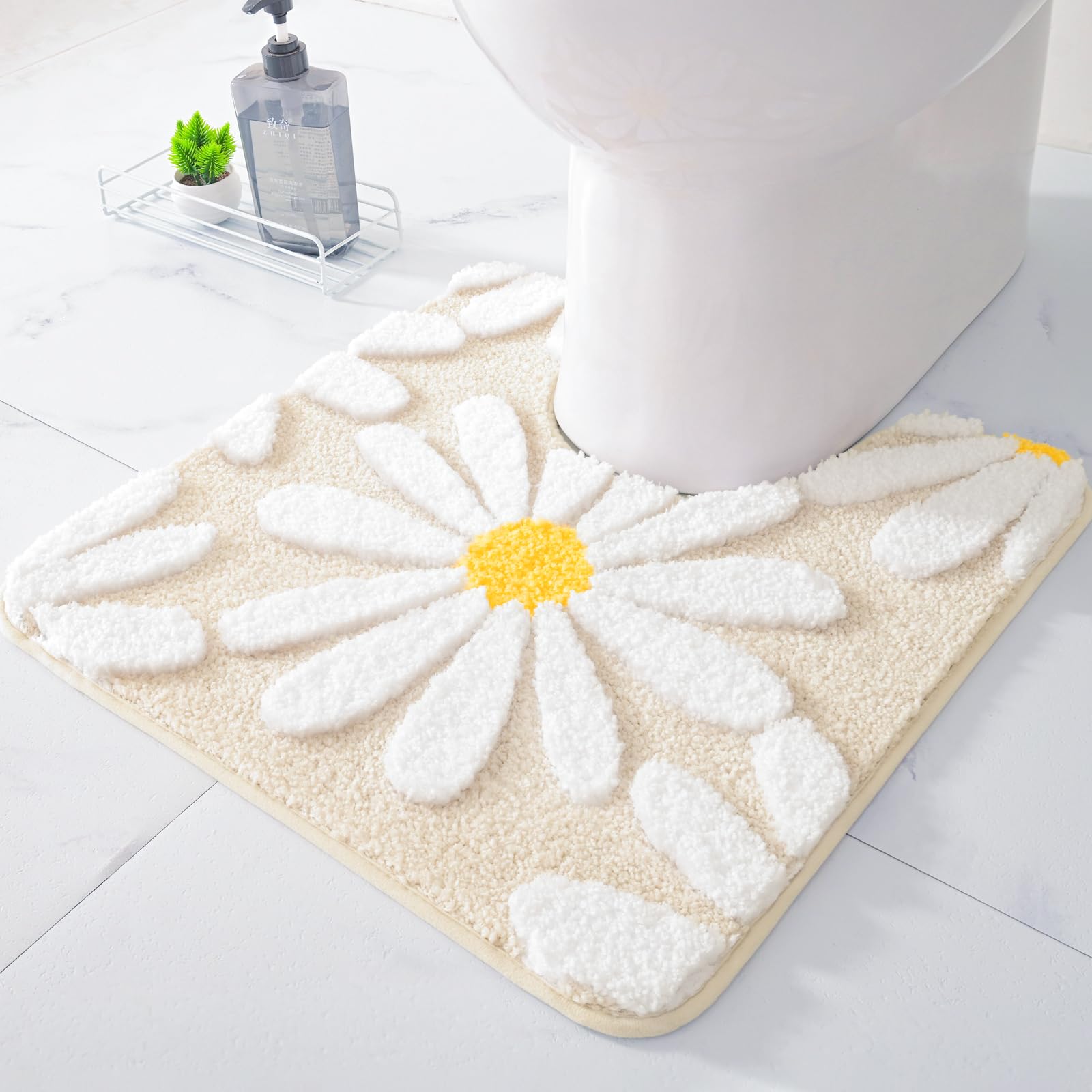 U Shaped Toilet Mat Cute Daisy Contour Bath Rug 20"x20", Extra Thick Soft Machine Washable Toilet Carpet, Non Slip Bathroom Floor Mats Super Absorbent Microfiber Bath Rugs