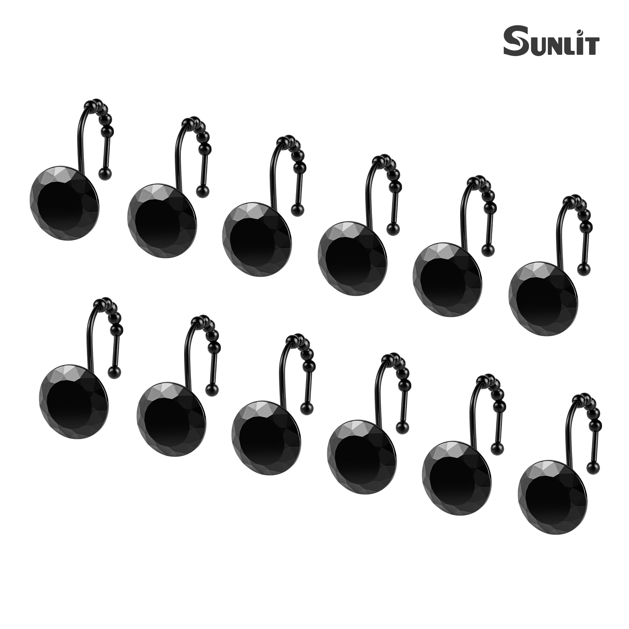Luxury Design Round Diamond Crystal Gem Bling with Glide Balls Shower Curtain Hooks, Rust Proof Metal Rhinestones Glam Shower Curtain Rings-12 Pack