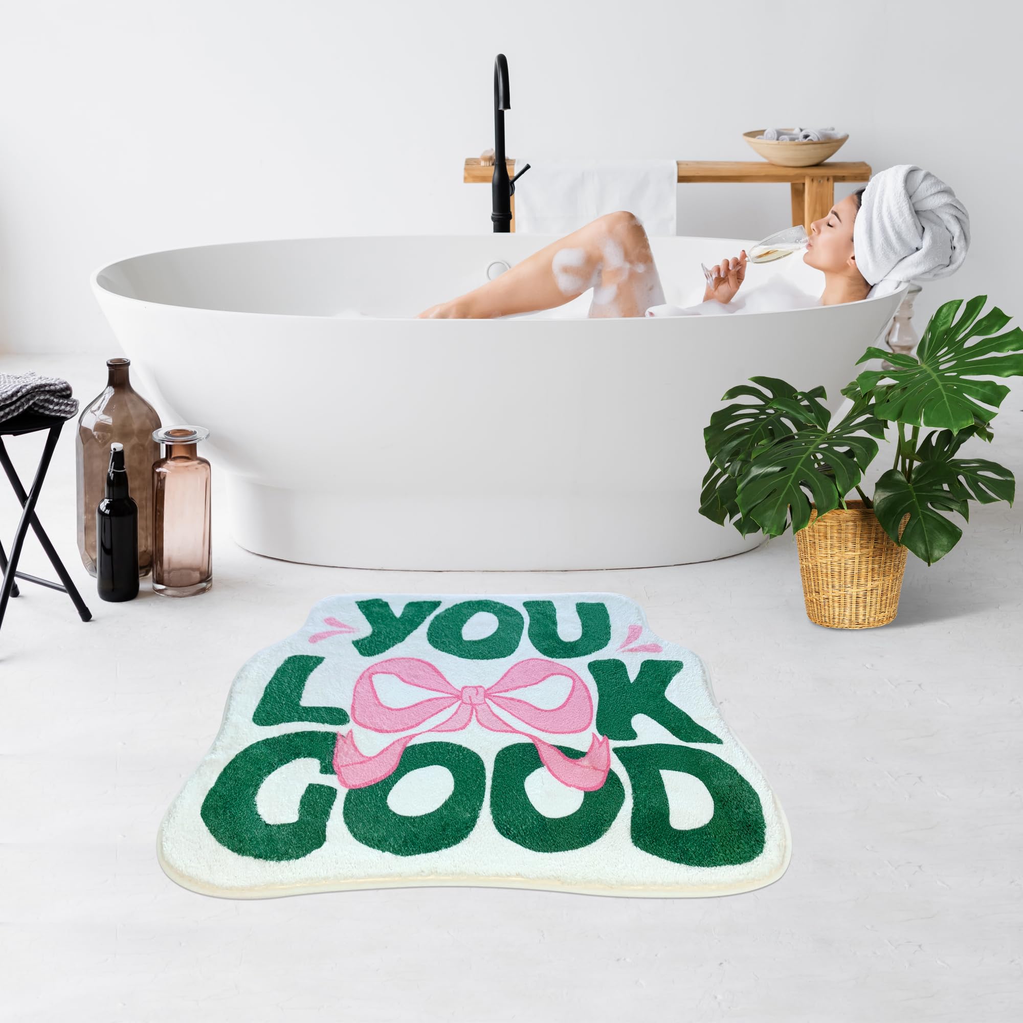You Look Good Bath Mat Cute Bow Funny Bathroom Rug, Soft Absorbent Water Non Slip, Superior Washable Microfiber Cool Shower Preppy Decor Rug (21"x25")