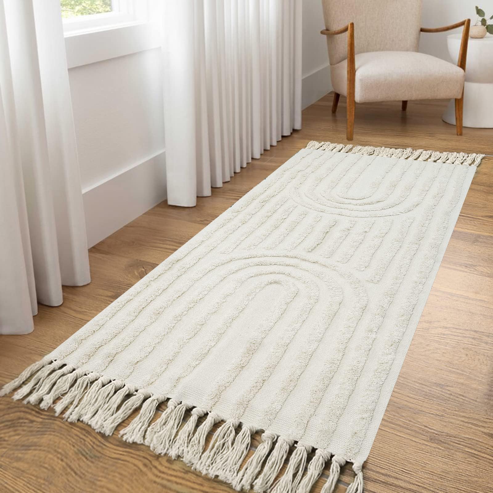 Washable Kitchen Runner Rug - Hand-Woven Bathroom Runner Rug with Tassels, Terracotta Entryway Runner Rug, Tufted Rainbow Bedroom Rug Runner, Hallway Rug for Laundry/Living Room
