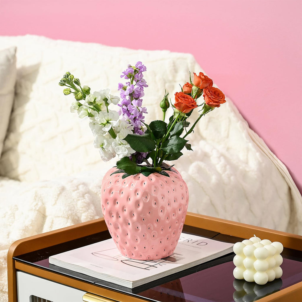 Strawberry Vase for Flowers, Dusty Pink Ceramic Fruit Vase, Strawberry Shaped Planter Pot with Green Leaves and Black Seeds Decor