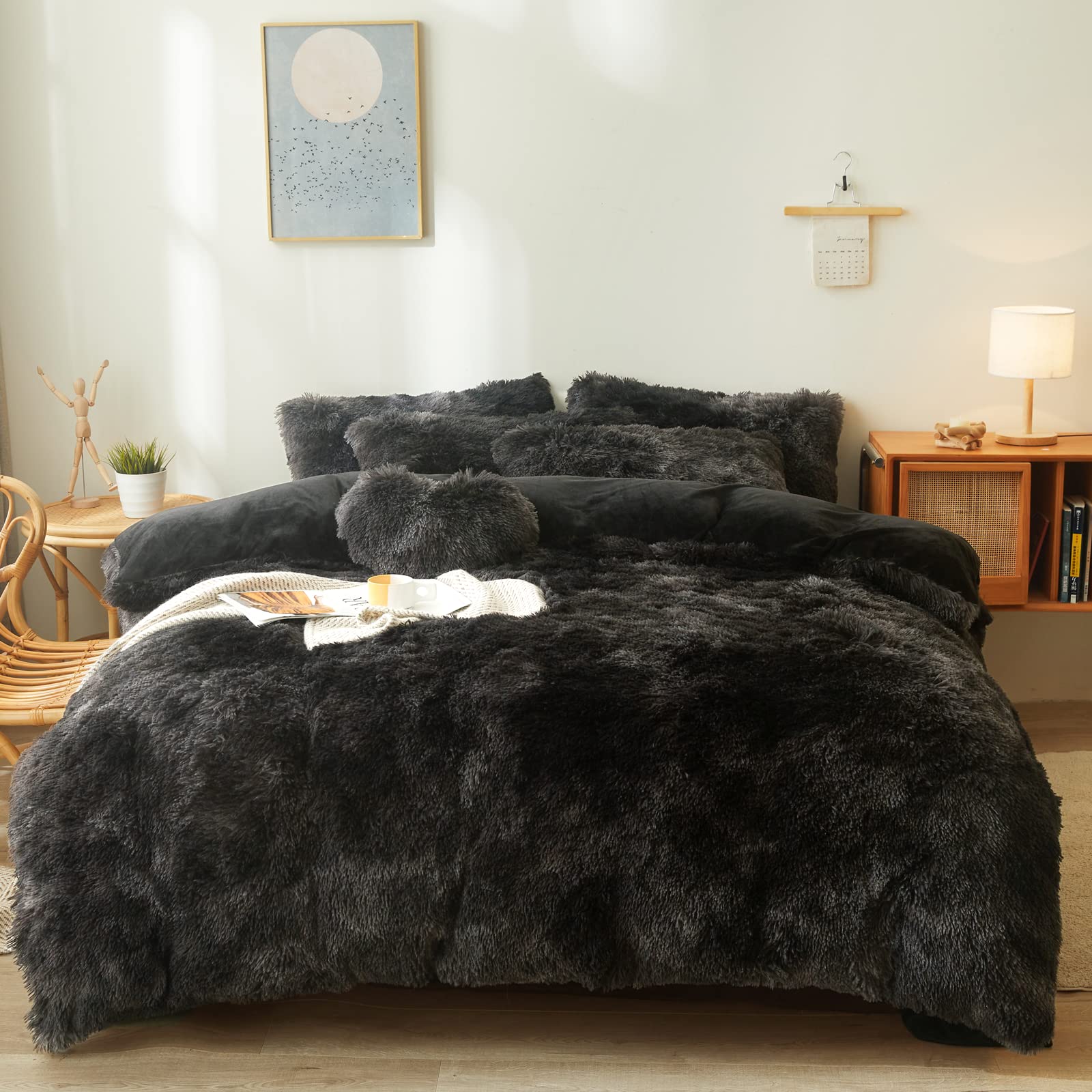 Fluffy Faux Fur Comforter Cover Set Queen - Ultra Soft Plush Bedding Sets 3 Pieces (1 Fluffy Duvet Cover + 2 Faux Fur Pillow case) Cute Bed Set